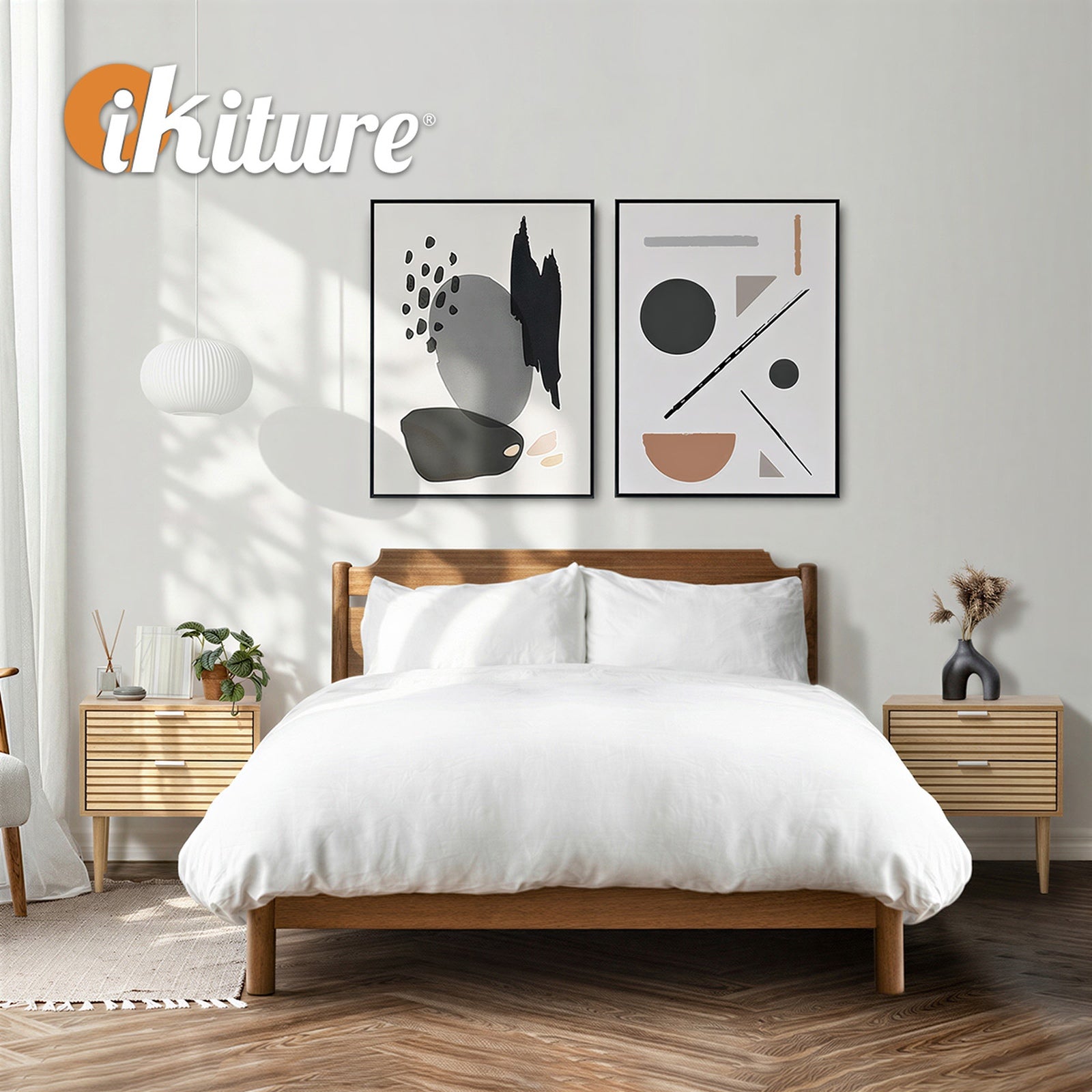 Oikiture 2pc Bedside Table 2 Drawers Side Table Cabinet Metal Handle Natural