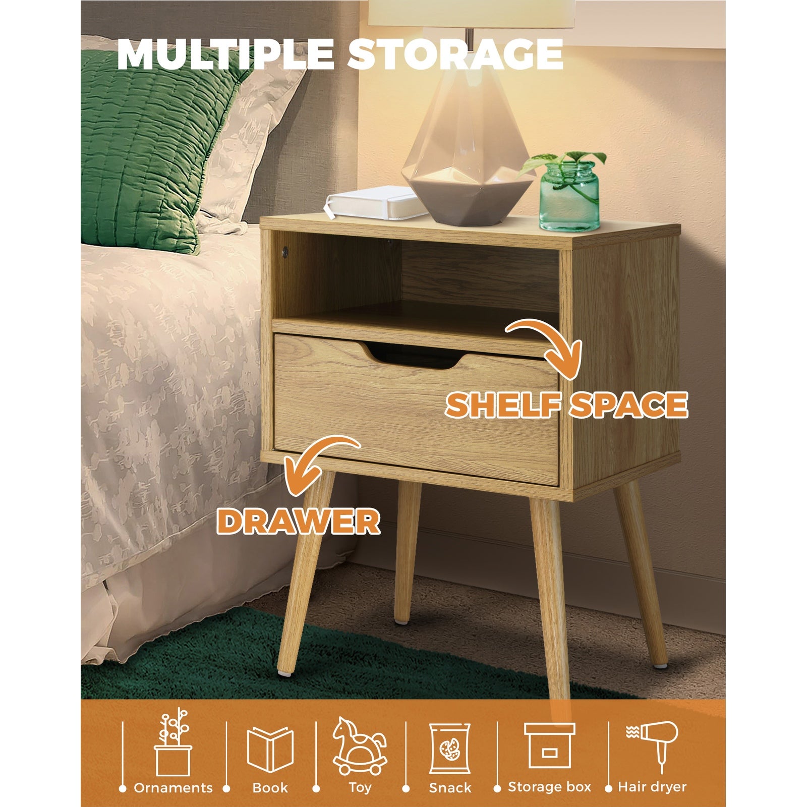 Oikiture Bedside Tables Drawer Side Table Nightstand Bedroom Storage Cabinet Wood - Sunyee