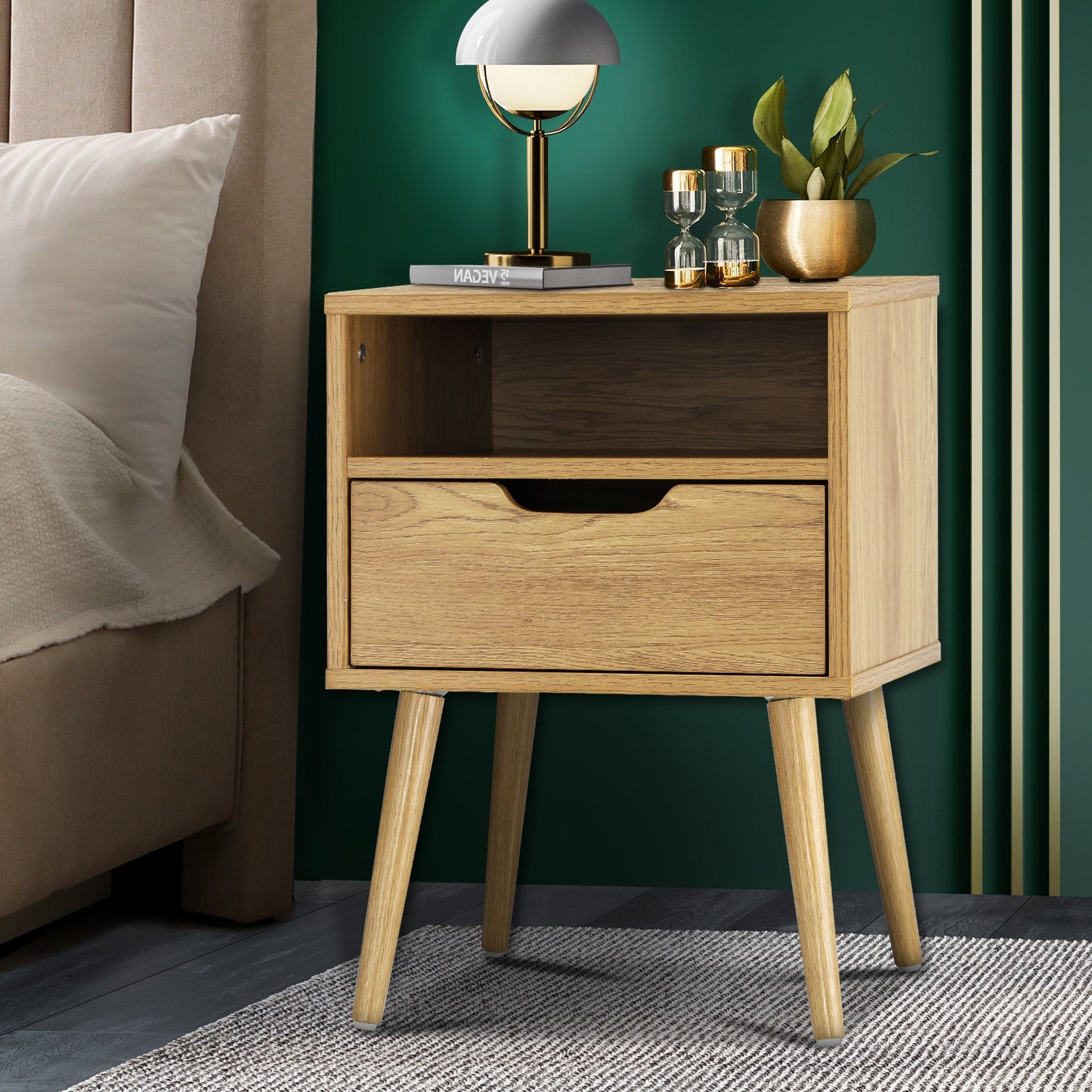 Oikiture Bedside Tables Drawer Side Table Nightstand Bedroom Storage Cabinet Wood - Sunyee