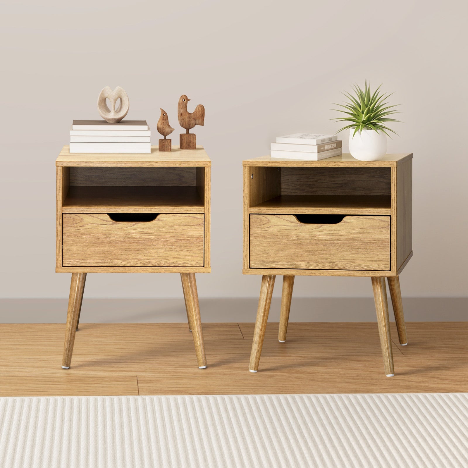 Oikiture Bedside Tables Set of 2 Side Table Nightstand Bedroom Cabinet Wood - Sunyee