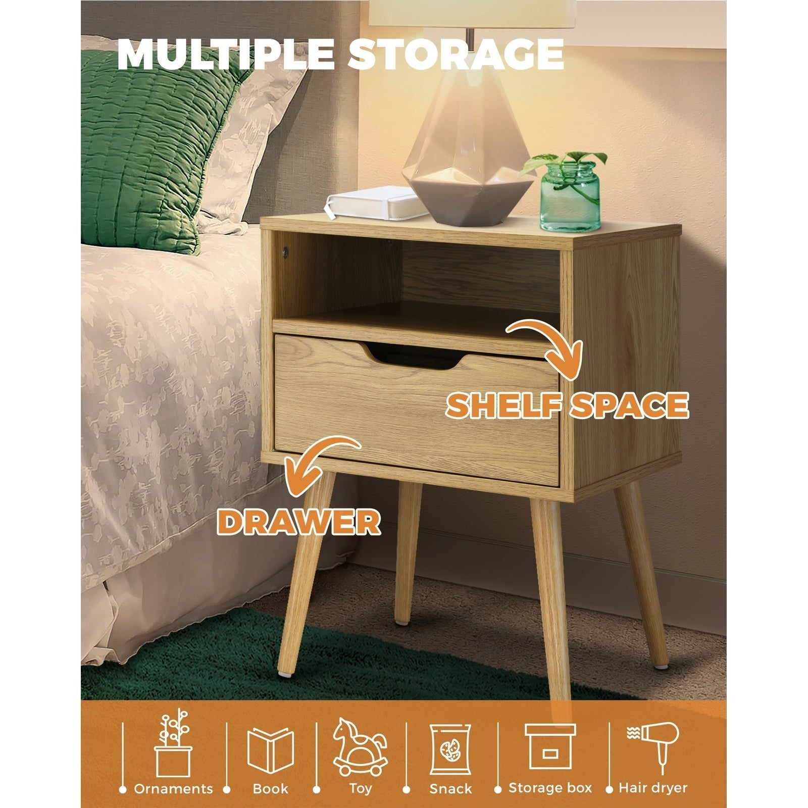 Oikiture Bedside Tables Set of 2 Side Table Nightstand Bedroom Cabinet Wood - Sunyee