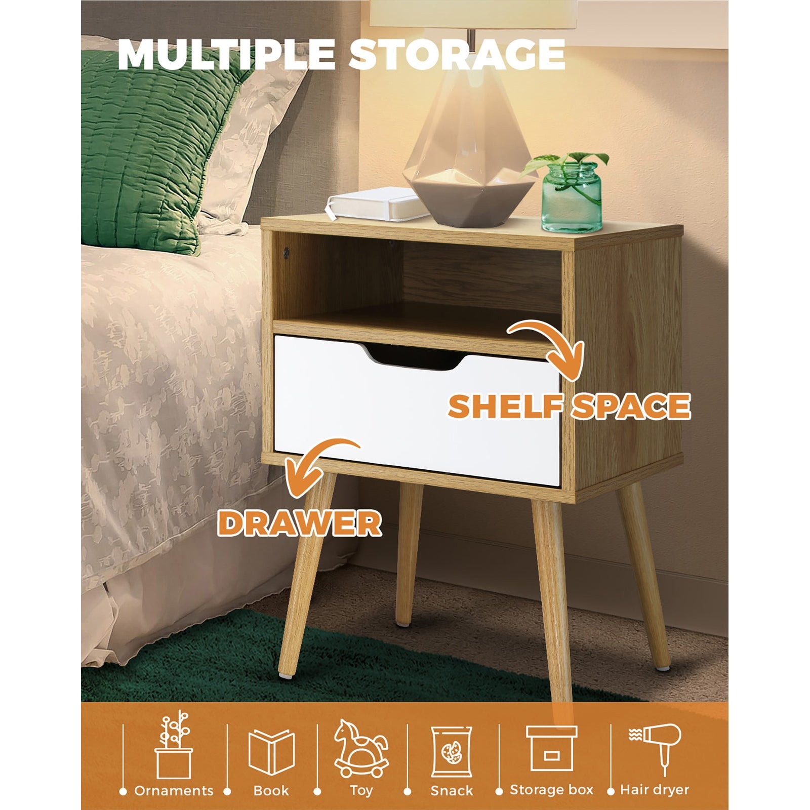 Oikiture Bedside Tables Drawers Side Table Nightstand Storage Cabinet Bedroom - Sunyee