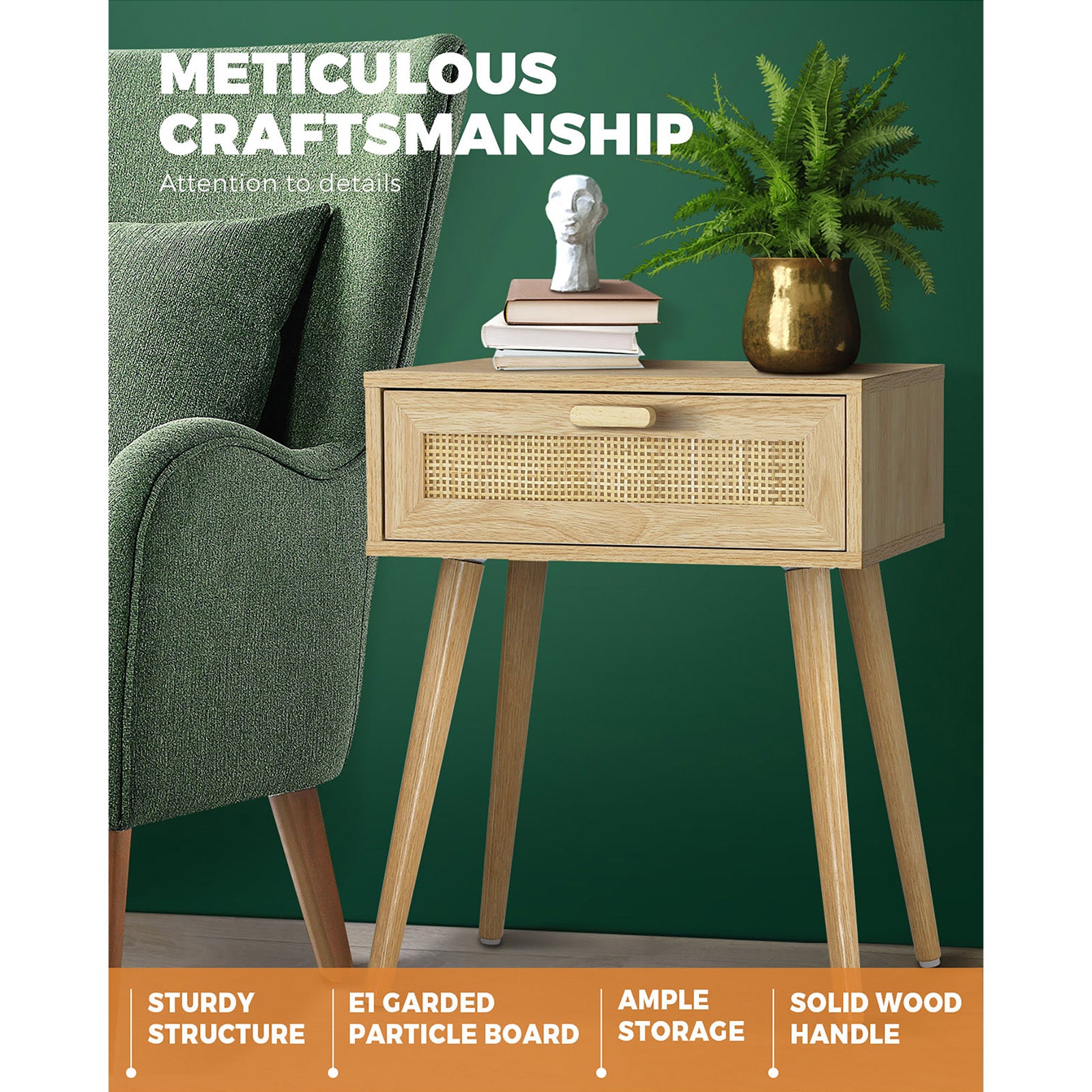 Oikiture Bedside Tables Drawers Rattan Wood Storage Cabinet Nightstand Bedroom - Sunyee