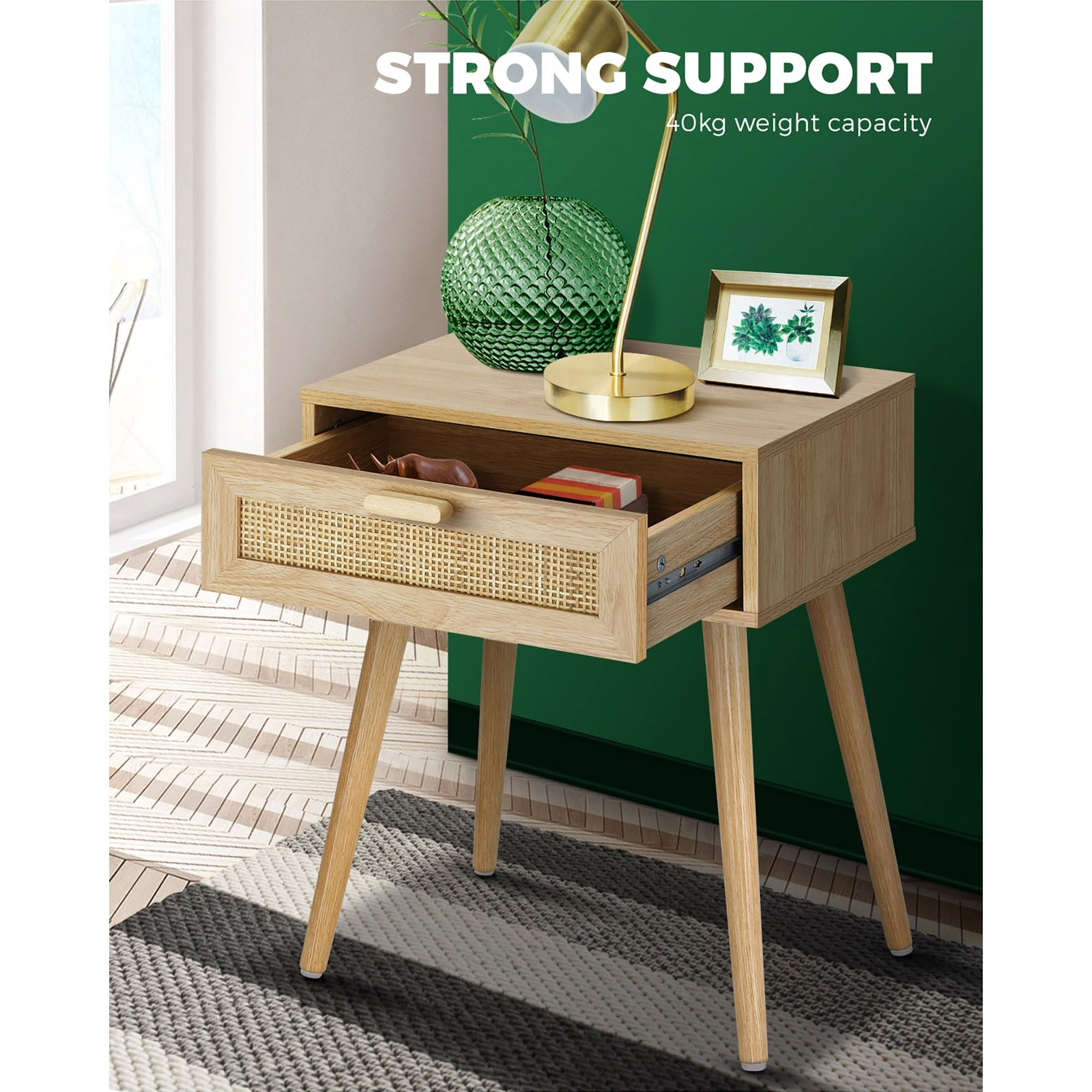 Oikiture Bedside Tables Drawers Rattan Wood Storage Cabinet Nightstand Bedroom - Sunyee