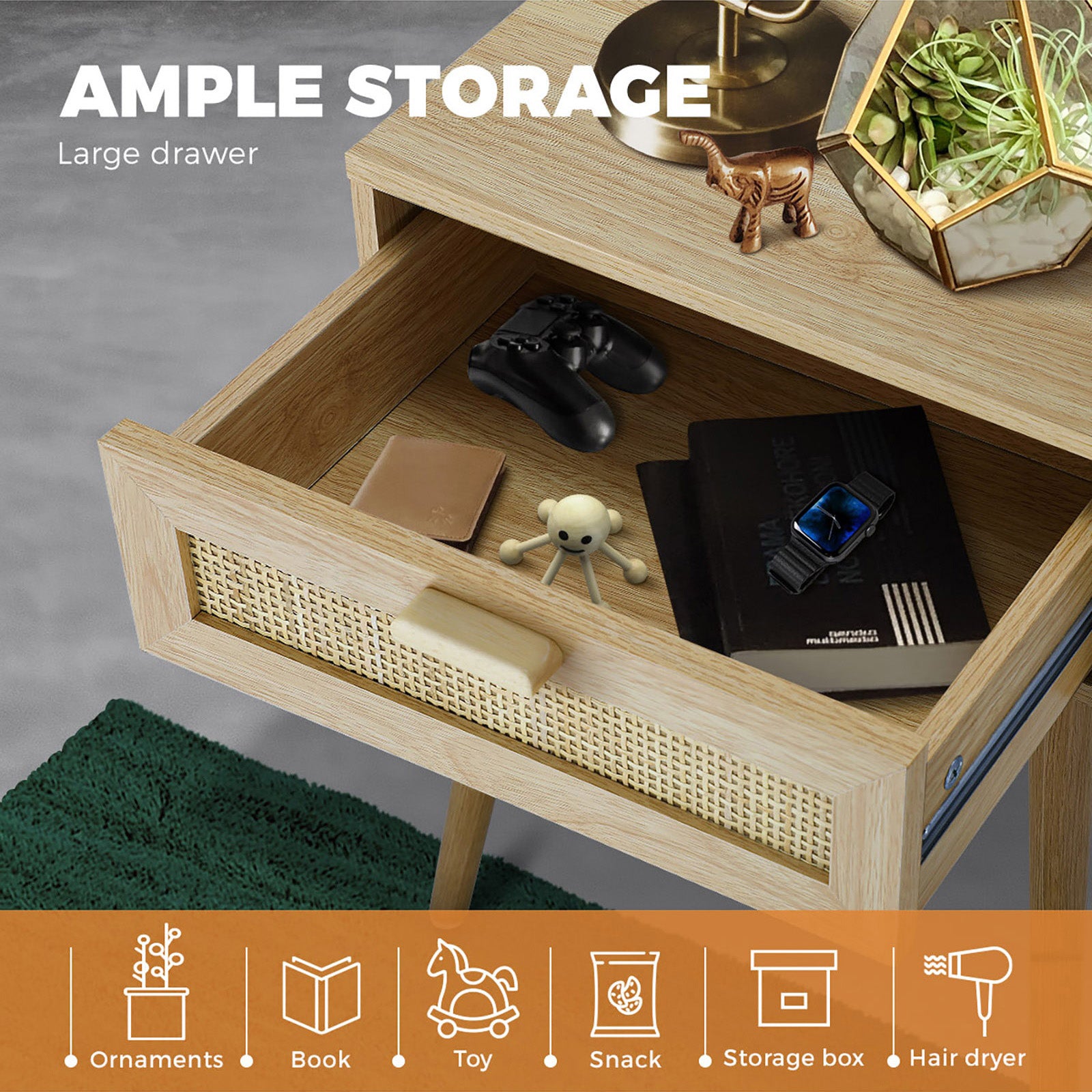 Oikiture Bedside Tables Drawers Rattan Wood Storage Cabinet Nightstand Bedroom - Sunyee