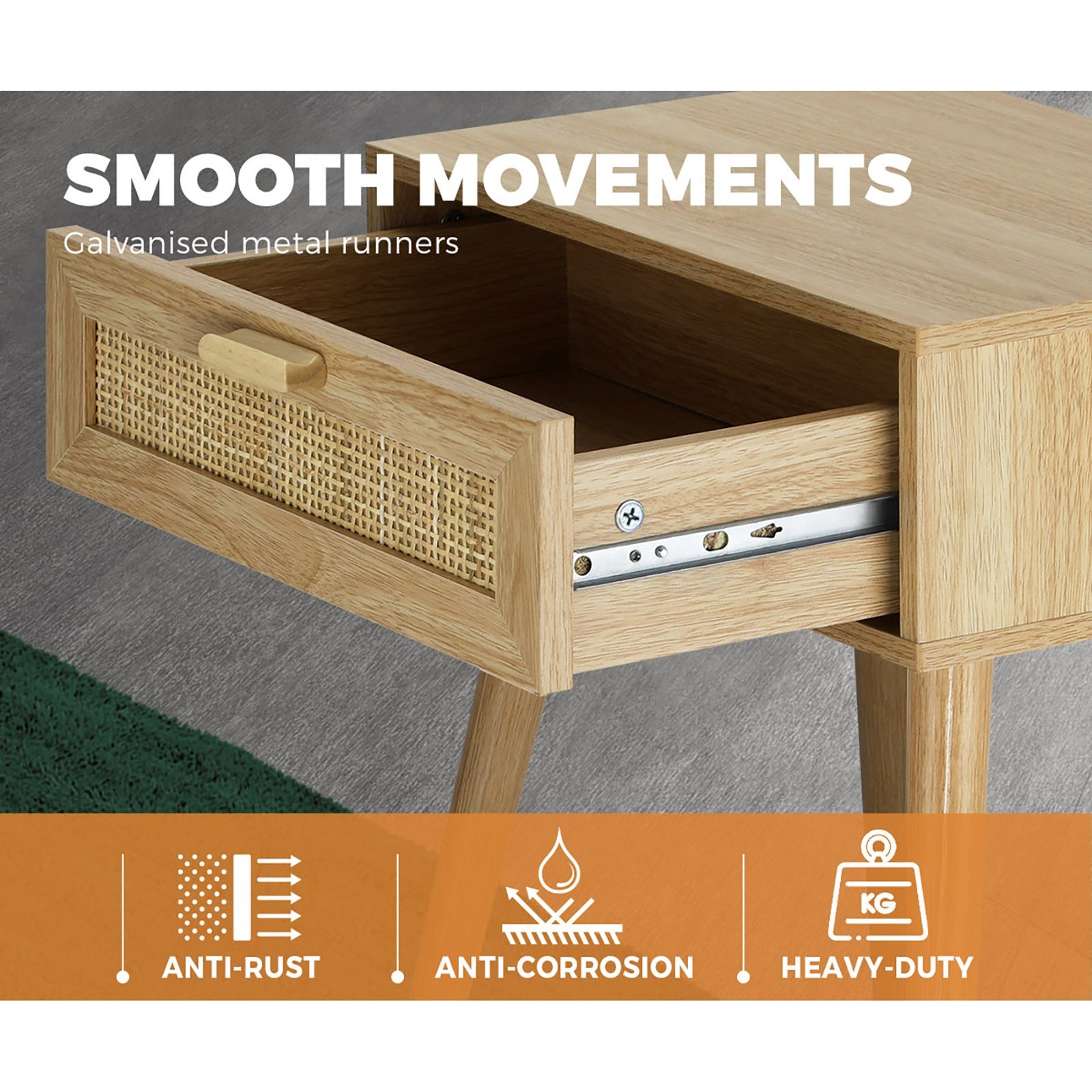 Oikiture Bedside Tables Drawers Rattan Wood Storage Cabinet Nightstand Bedroom - Sunyee