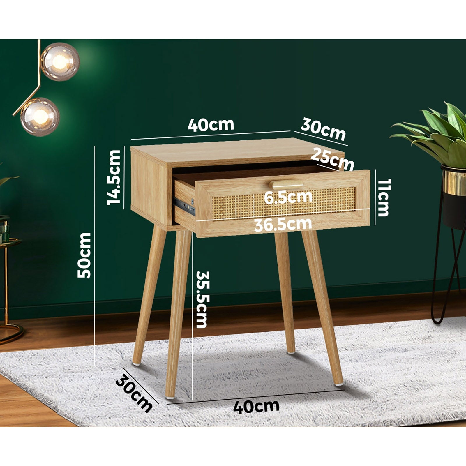 Oikiture Bedside Tables Drawers Rattan Wood Storage Cabinet Nightstand Bedroom - Sunyee
