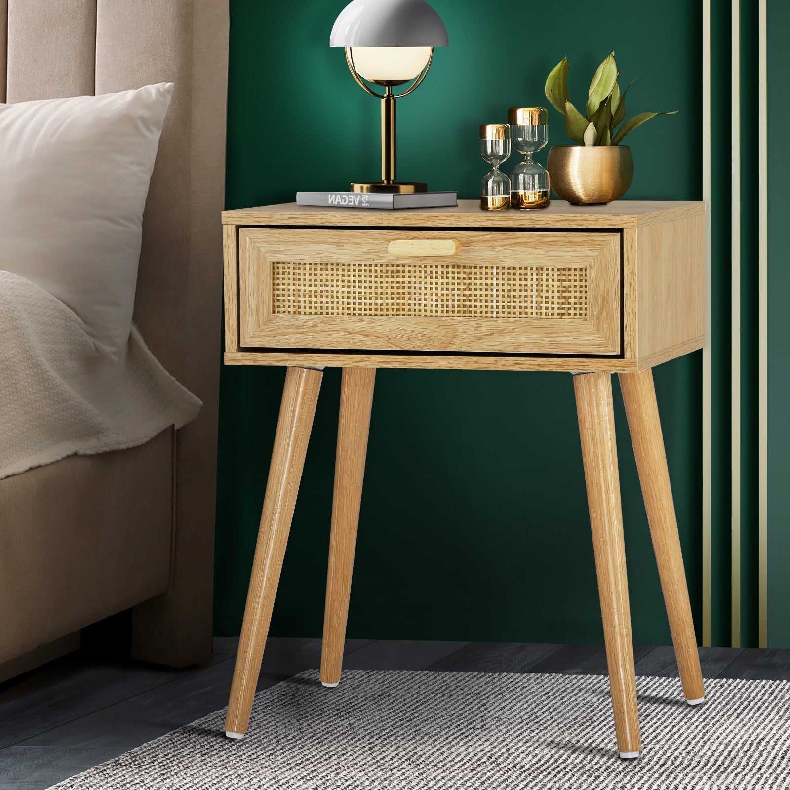Oikiture Bedside Tables Drawers Rattan Wood Storage Cabinet Nightstand Bedroom - Sunyee