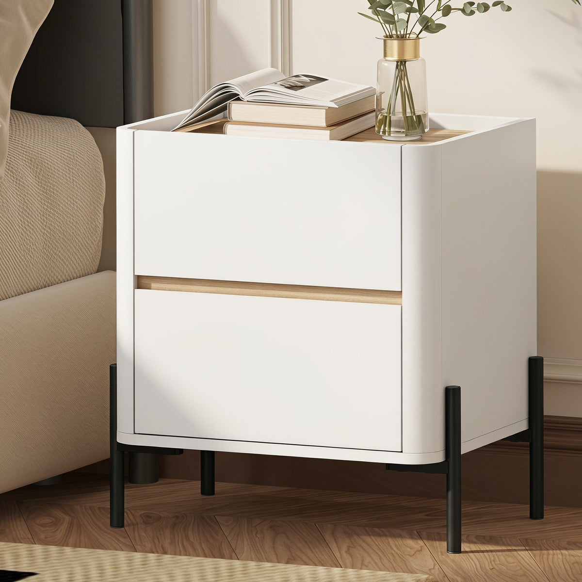 Oikiture Bedside Table 2 Drawer Nightstand Side Cabinet Handle-Free White