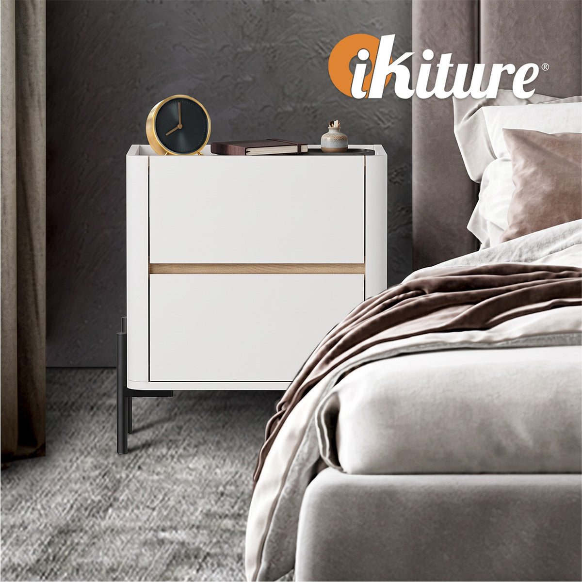 Oikiture Bedside Table 2 Drawer Nightstand Side Cabinet Handle-Free White