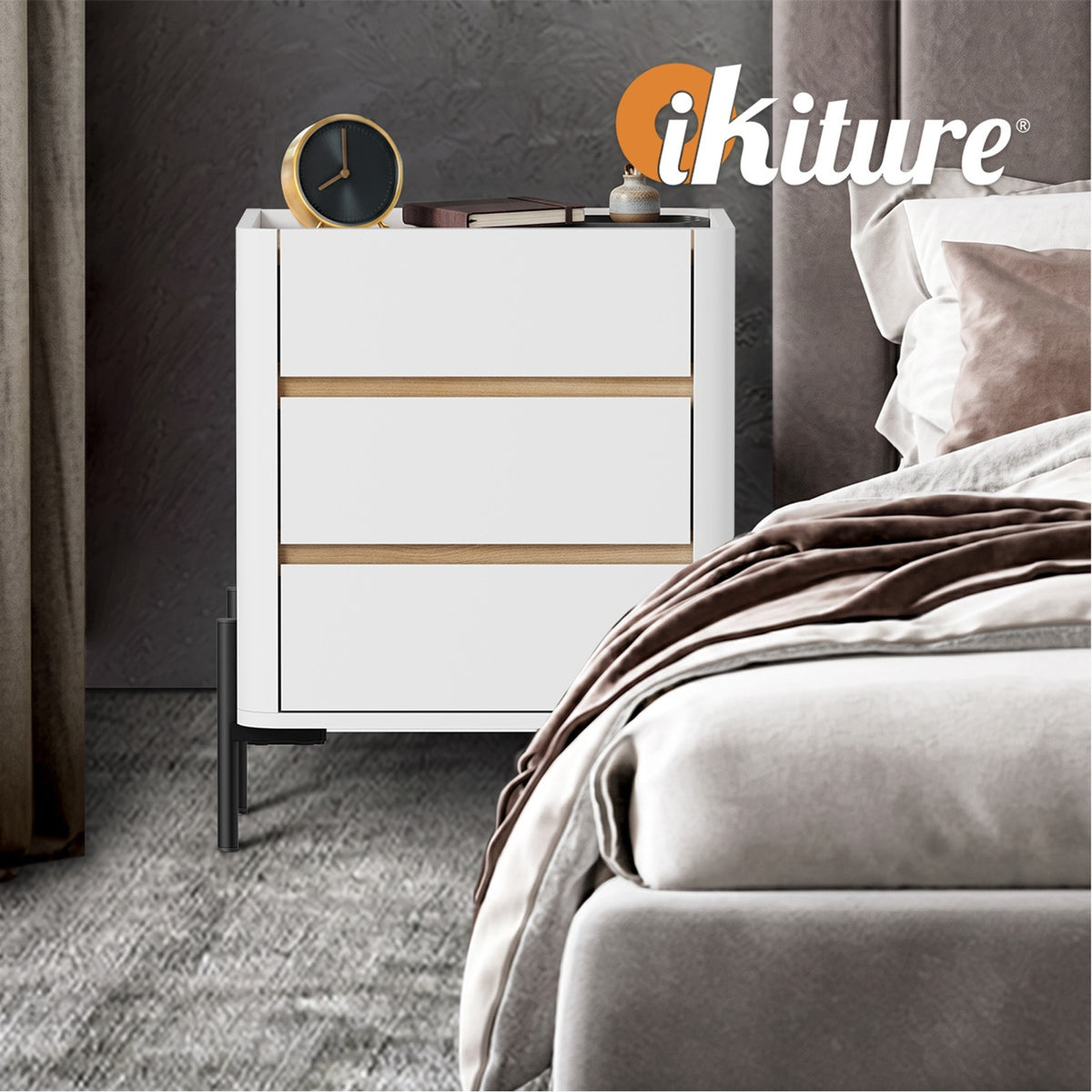 Oikiture Bedside Table 3 Drawer Nightstand Side Cabinet Handle-Free White