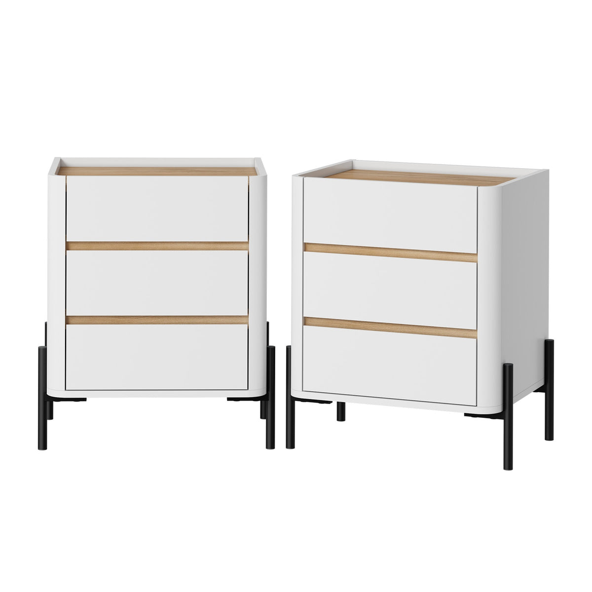 Oikiture 2pc Bedside Table 3 Drawer Nightstand Side Cabinet Handle-Free White