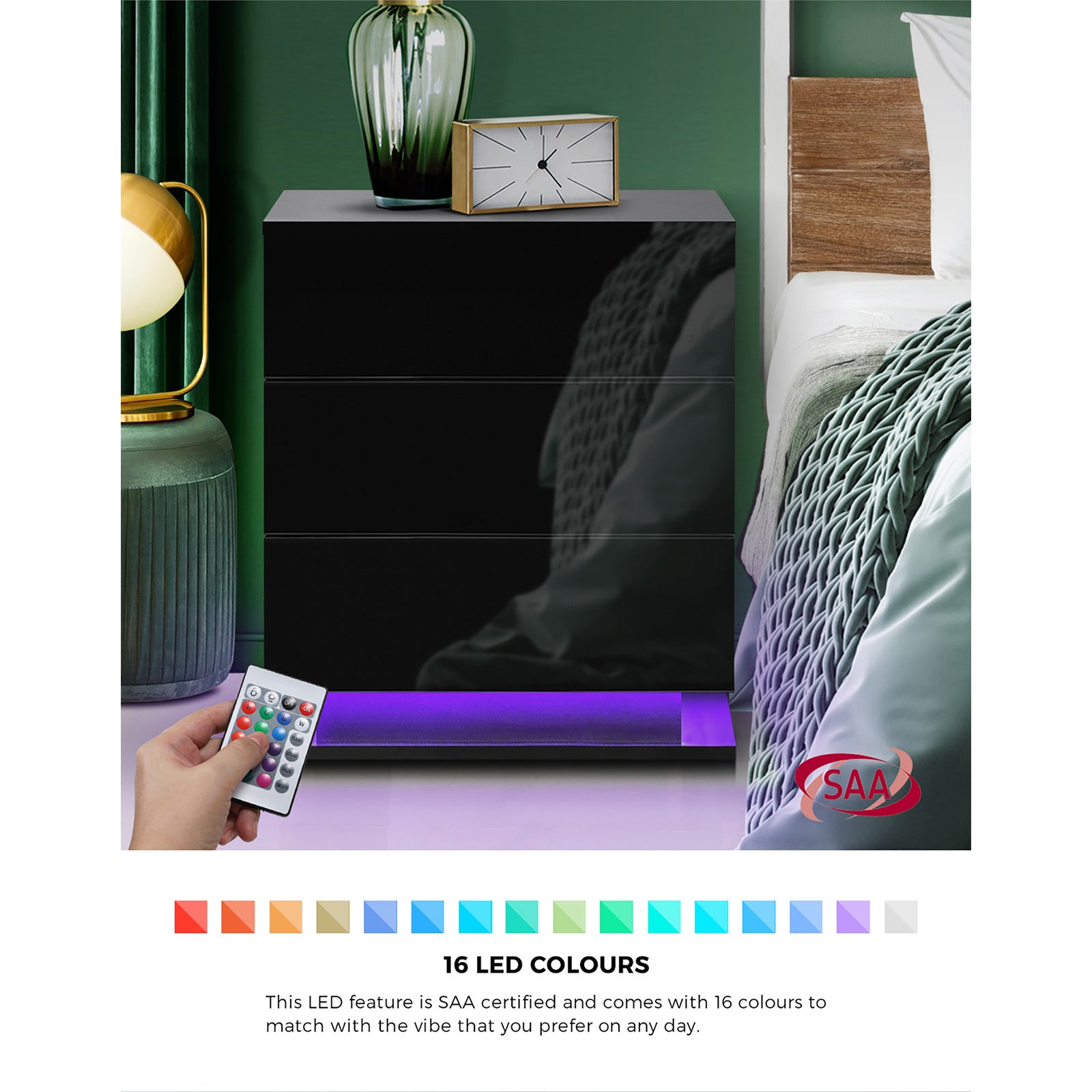 Oikiture Bedside Table RGB LED Nightstand Cabinet 3 Drawers Side Table Furniture - Sunyee