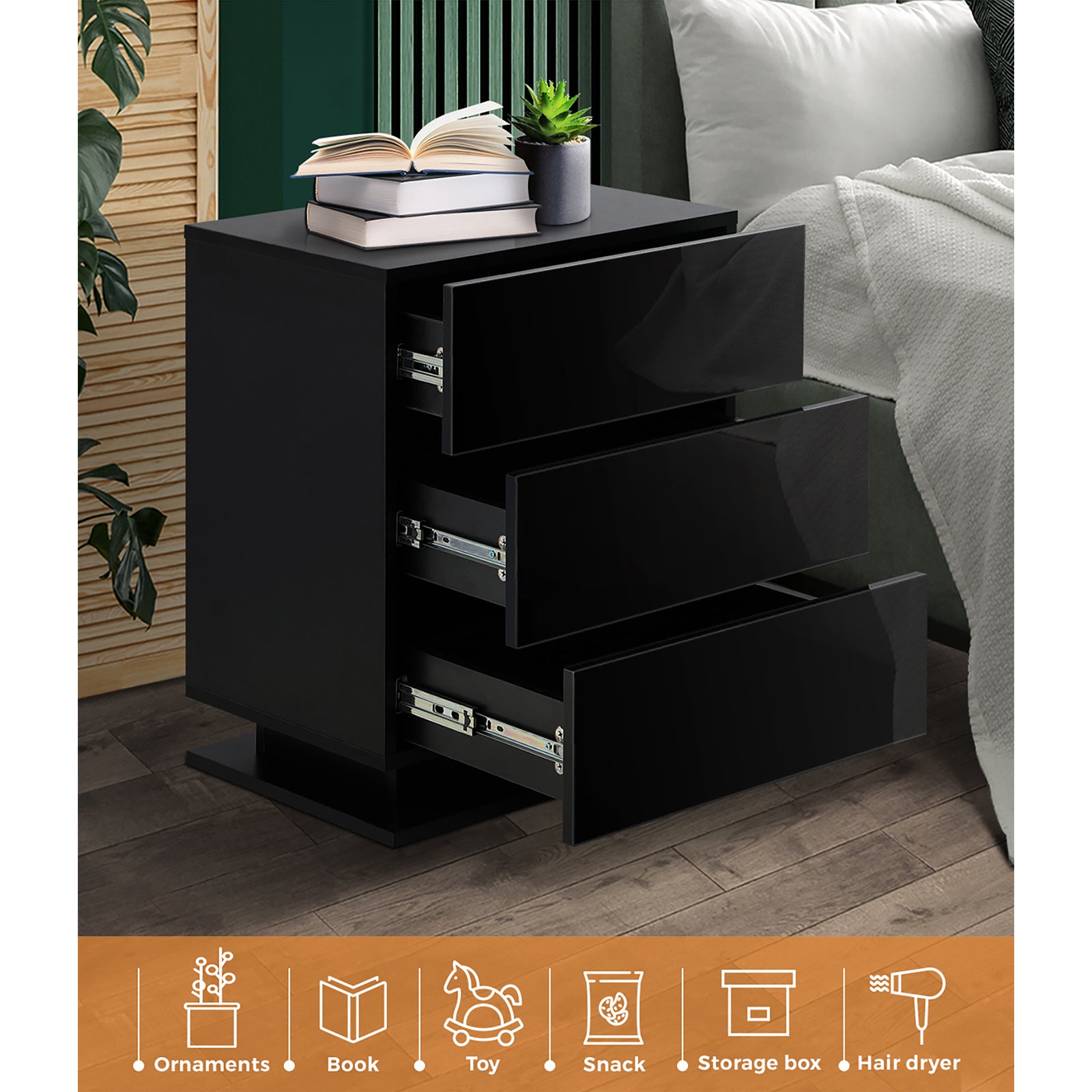 Oikiture Bedside Table RGB LED Nightstand Cabinet 3 Drawers Side Table Furniture - Sunyee