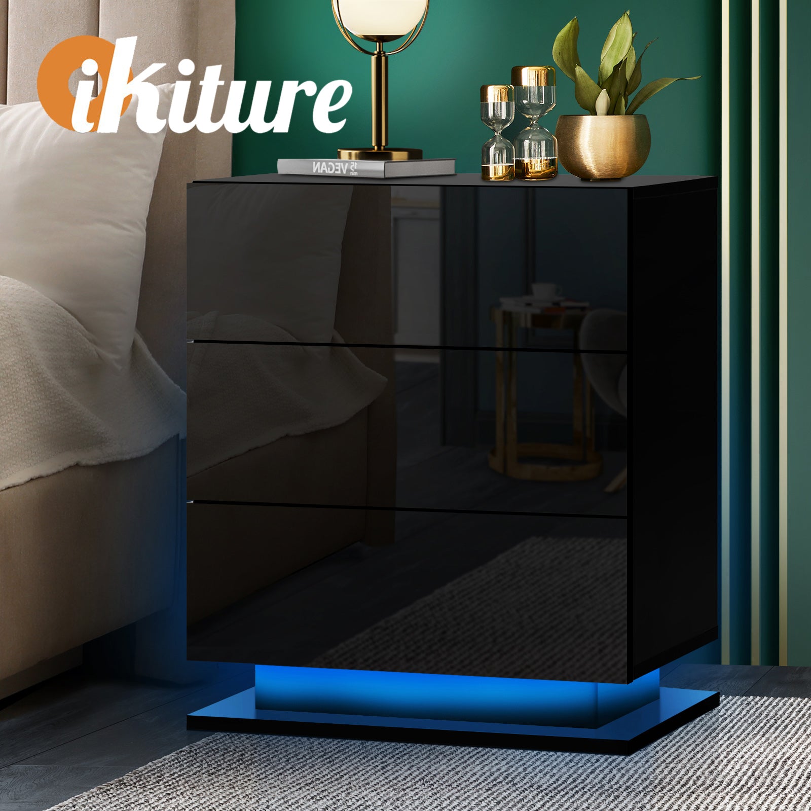 Oikiture Bedside Table RGB LED Nightstand Cabinet 3 Drawers Side Table Furniture - Sunyee