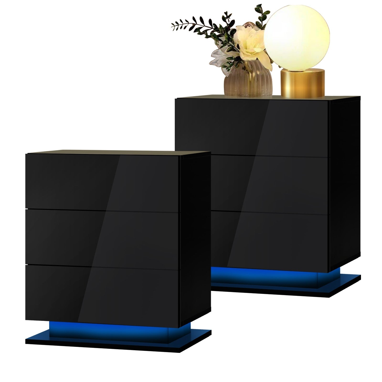 Oikiture Bedside Tables Set of 2 LED Nightstand Cabinet 3 Drawers Side Table - Sunyee
