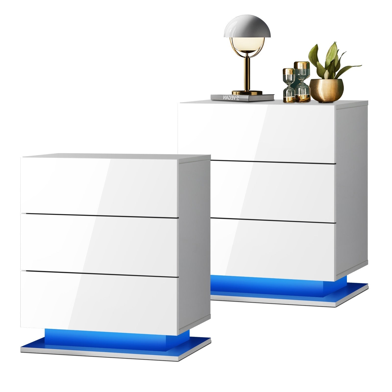 Oikiture Bedside Tables Set of 2 LED Side Table Nightstand Cabinet 3 Drawers - Sunyee