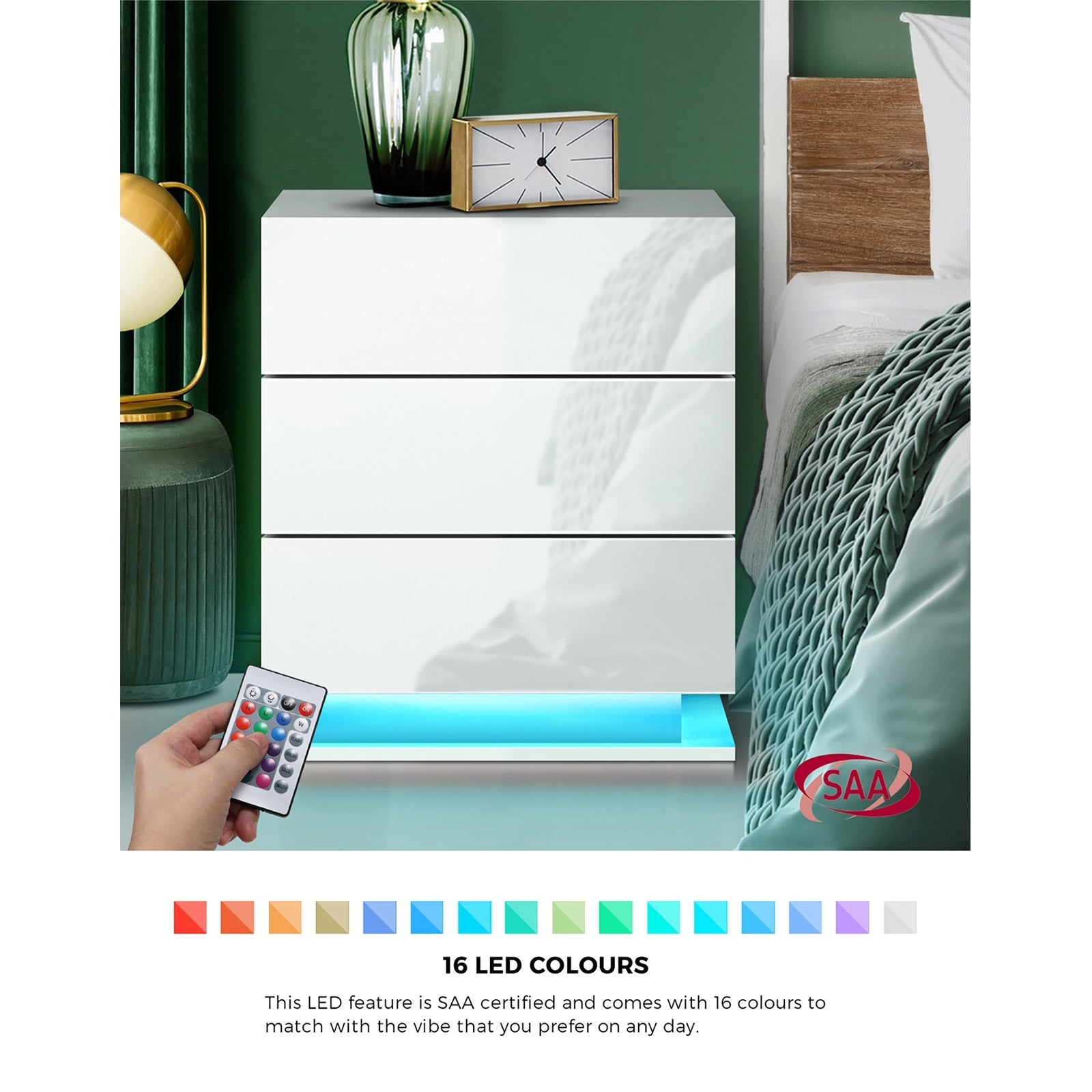 Oikiture Bedside Tables Set of 2 LED Side Table Nightstand Cabinet 3 Drawers - Sunyee