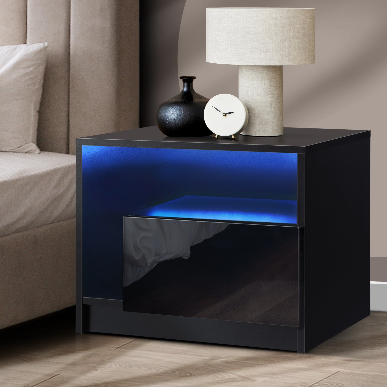 Oikiture Bedside Tables RGB LED Side Table Drawers High Gloss Nightstand Black - Sunyee