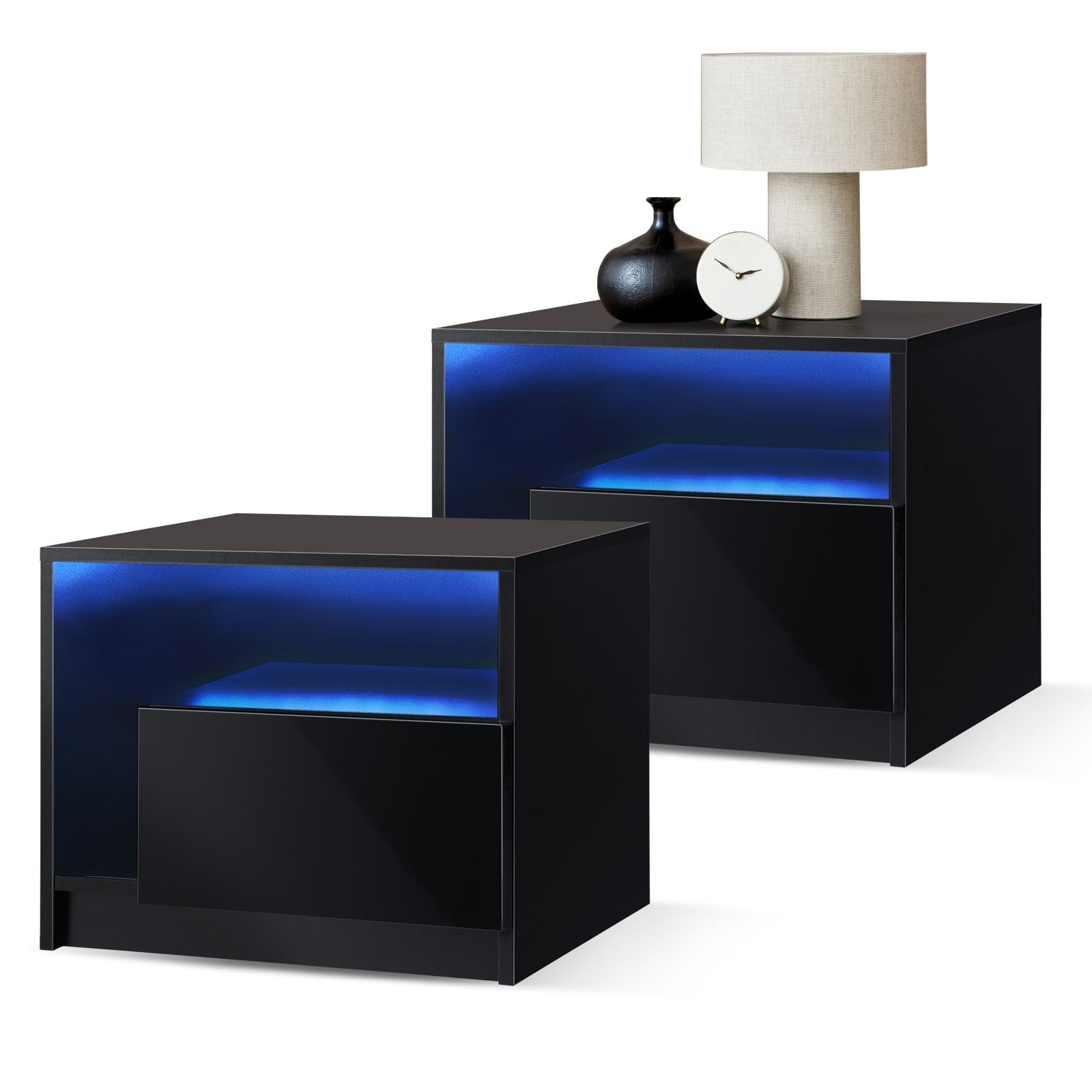 Oikiture Bedside Tables Set of 2 LED Side Table Drawers Nightstand Black - Sunyee