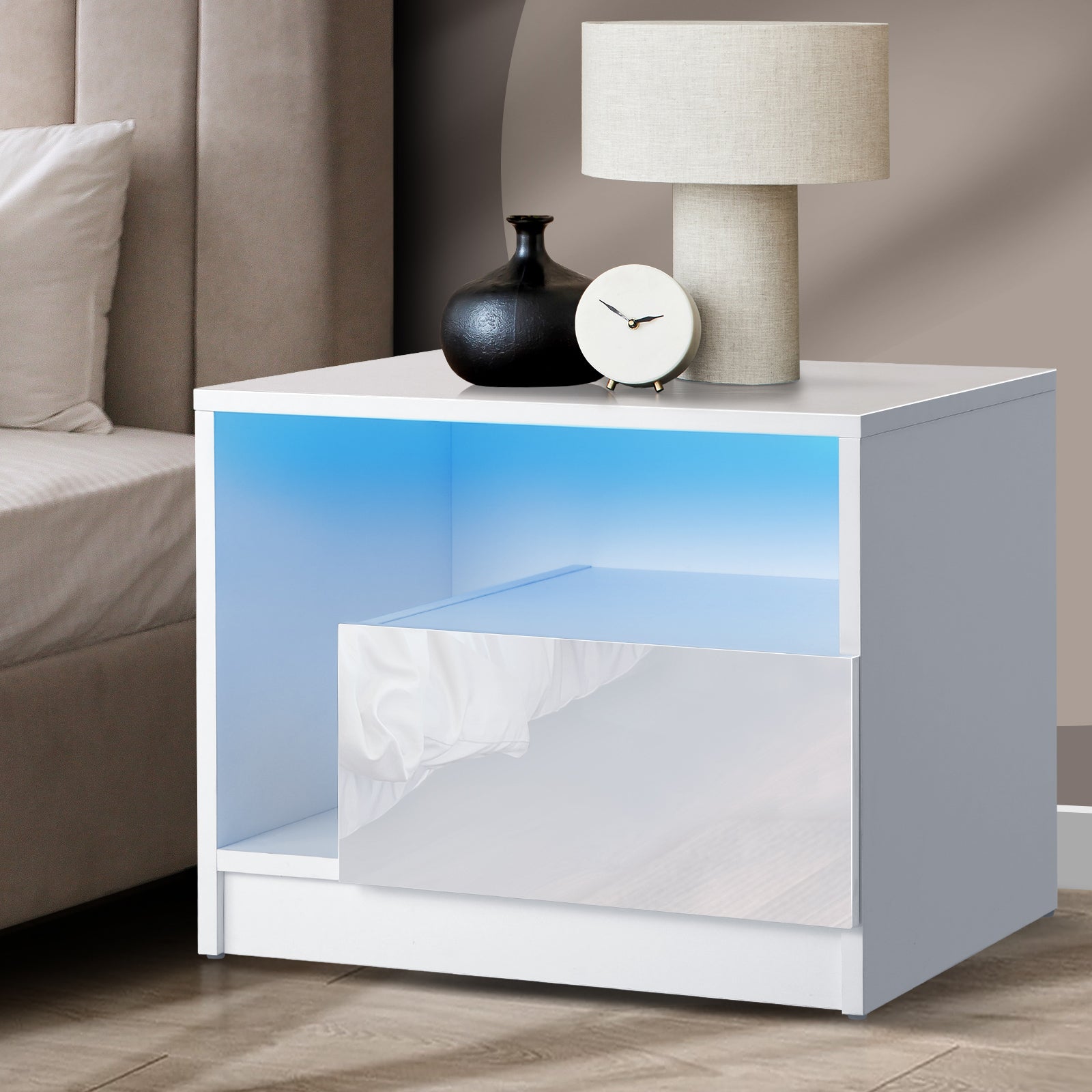 Oikiture Bedside Tables Side Table RGB LED Drawers High Gloss Furniture White - Sunyee
