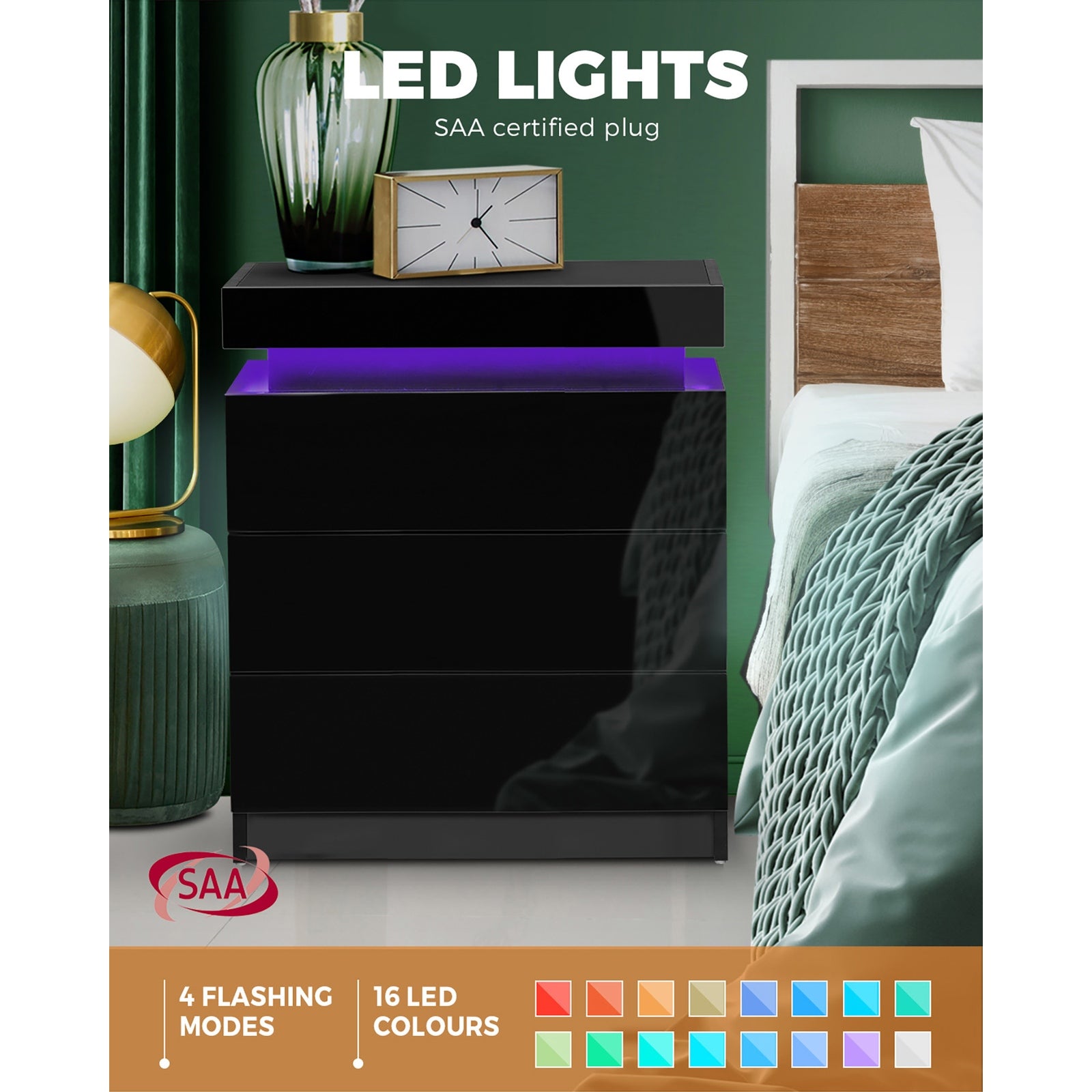 Oikiture Bedside Tables 3 Drawers Side Table RGB LED High Gloss Nightstand Cabinet - Sunyee