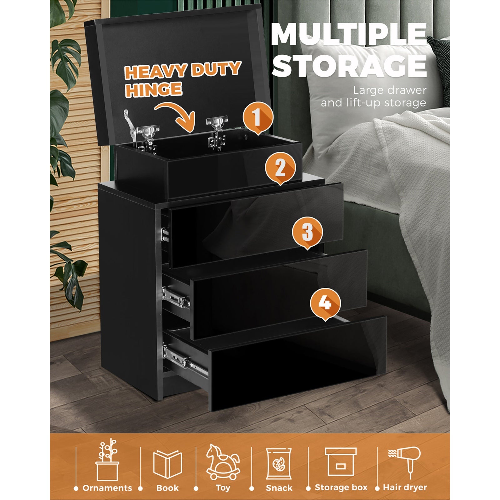 Oikiture Bedside Tables 3 Drawers Side Table RGB LED High Gloss Nightstand Cabinet - Sunyee