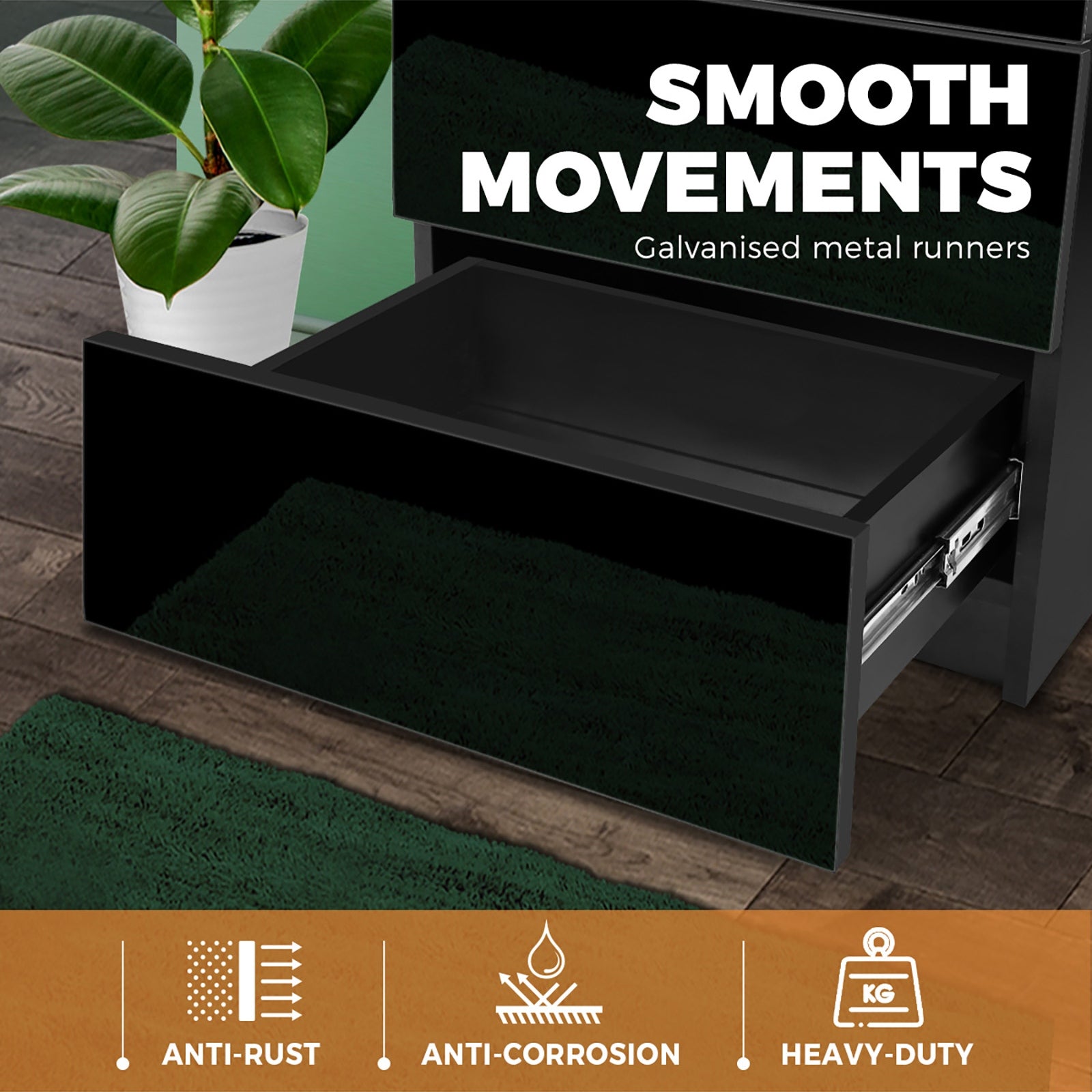 Oikiture Bedside Tables 3 Drawers Side Table RGB LED High Gloss Nightstand Cabinet - Sunyee