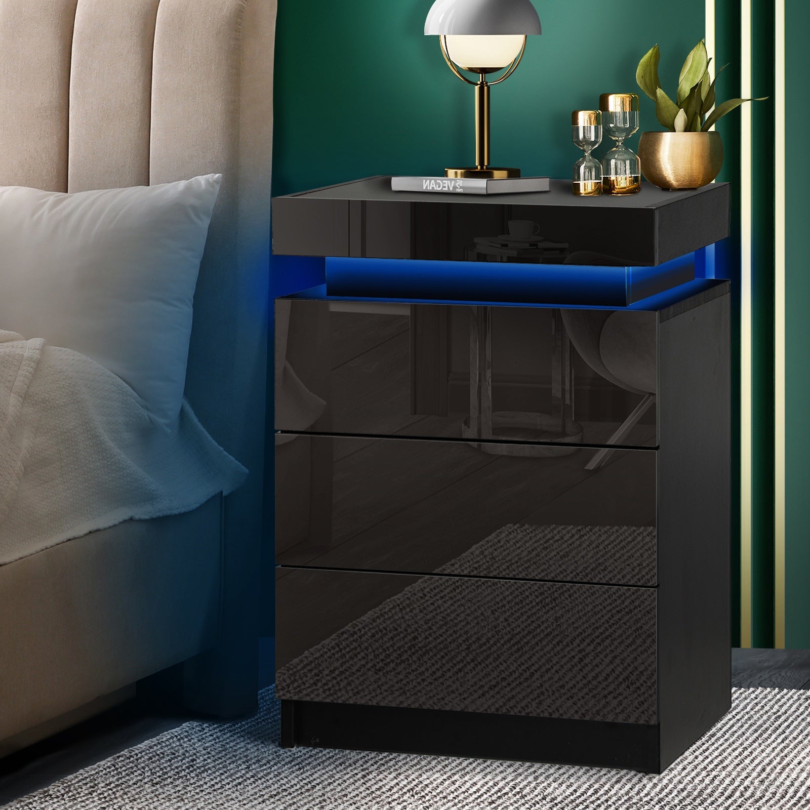 Oikiture Bedside Tables 3 Drawers Side Table RGB LED High Gloss Nightstand Cabinet - Sunyee