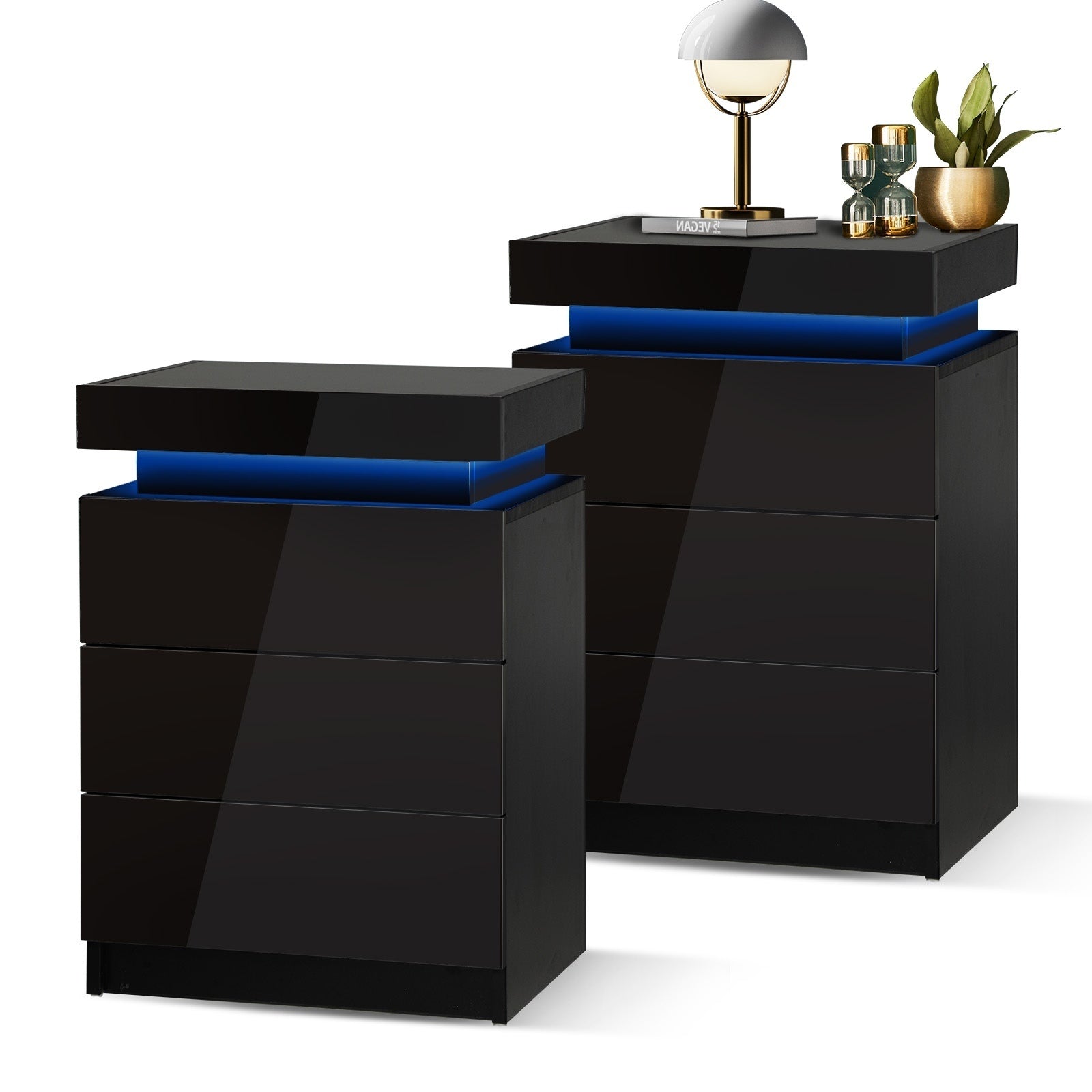 Oikiture Bedside Tables Set of 2 LED Nightstand Cabinet Side Table Black - Sunyee