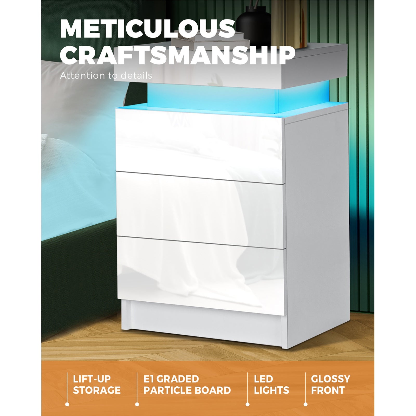 Oikiture Bedside Tables Side Table 3 Drawers RGB LED High Gloss Nightstand Cabinet - Sunyee