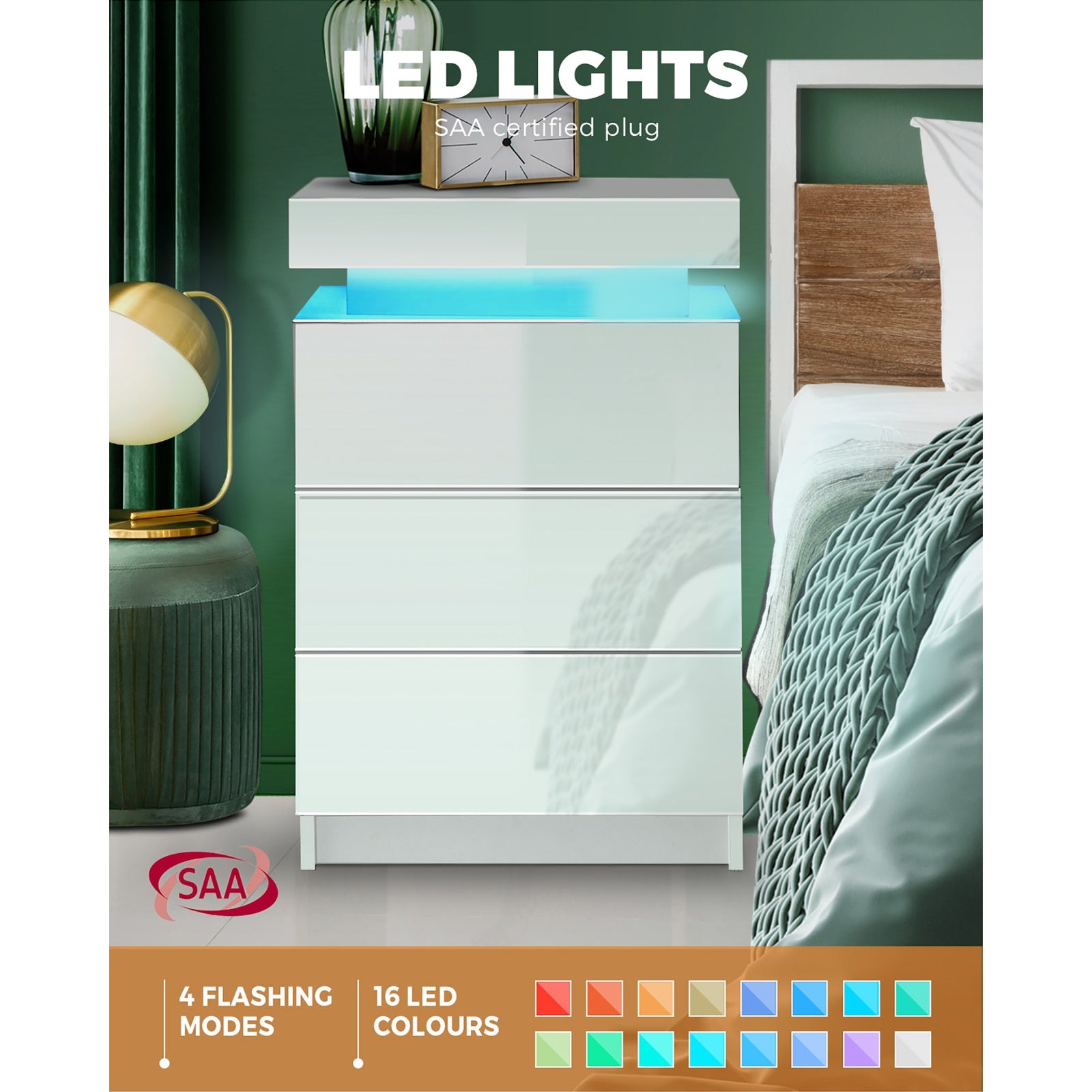 Oikiture Bedside Tables Side Table 3 Drawers RGB LED High Gloss Nightstand Cabinet - Sunyee