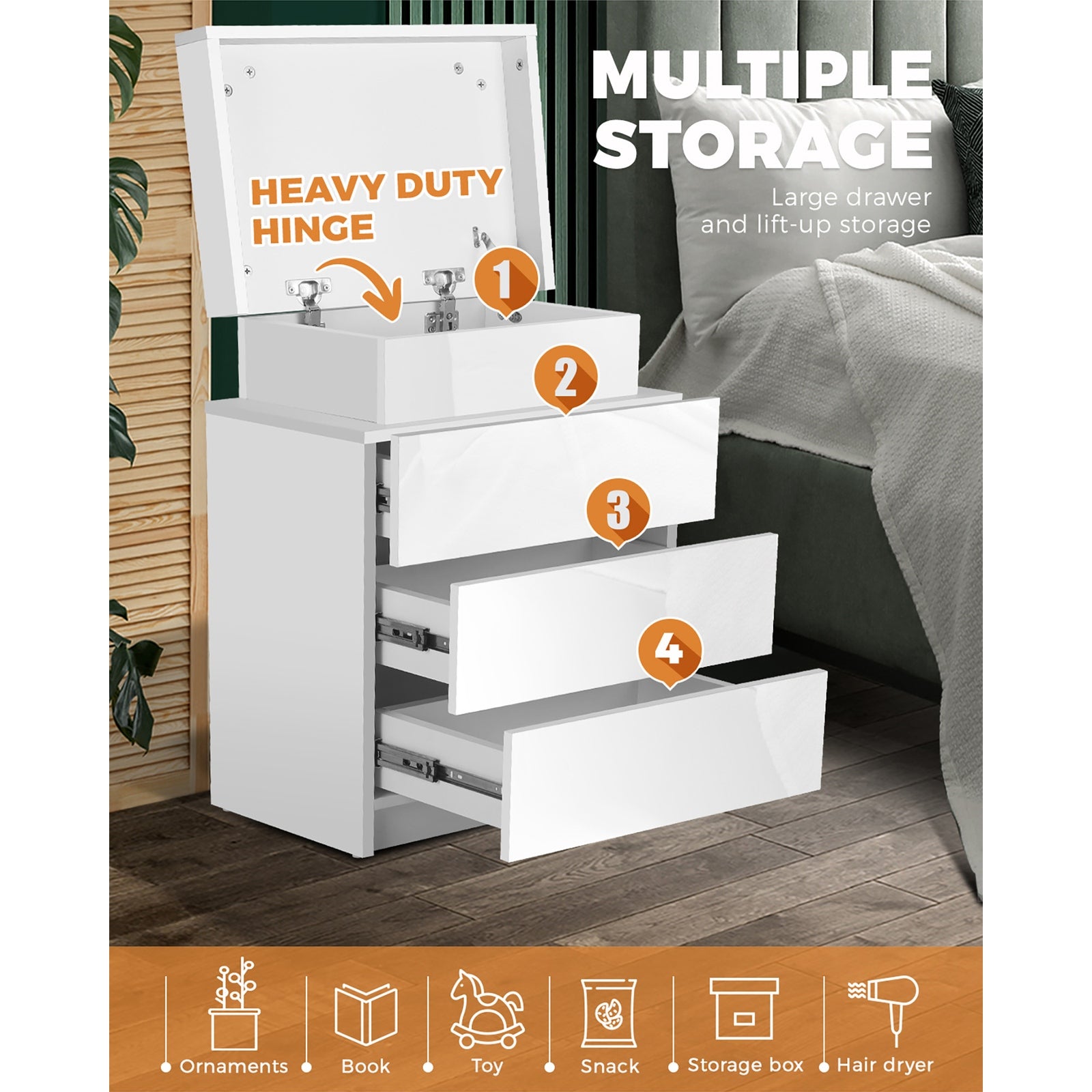 Oikiture Bedside Tables Side Table 3 Drawers RGB LED High Gloss Nightstand Cabinet - Sunyee