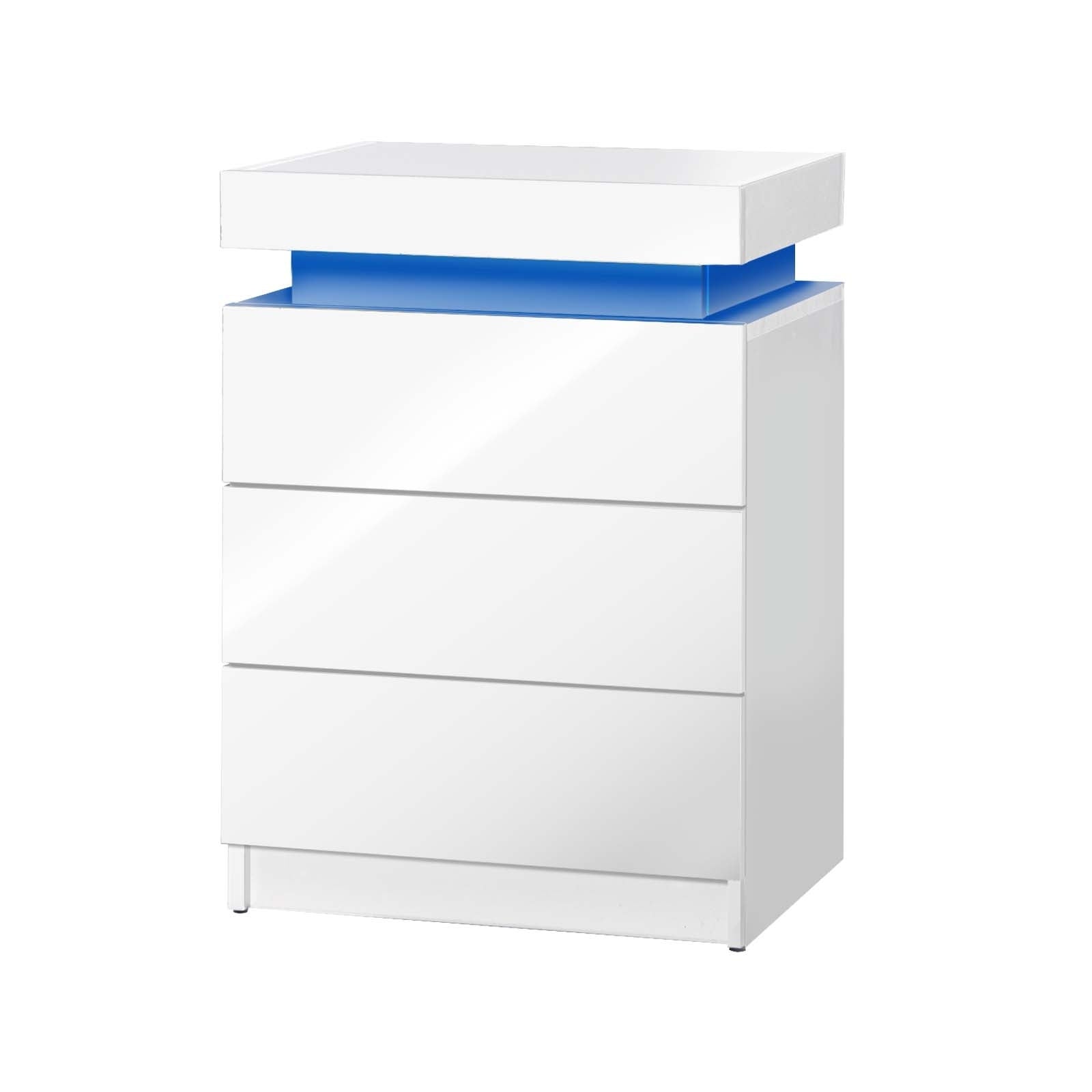 Oikiture Bedside Tables Side Table 3 Drawers RGB LED High Gloss Nightstand Cabinet - Sunyee