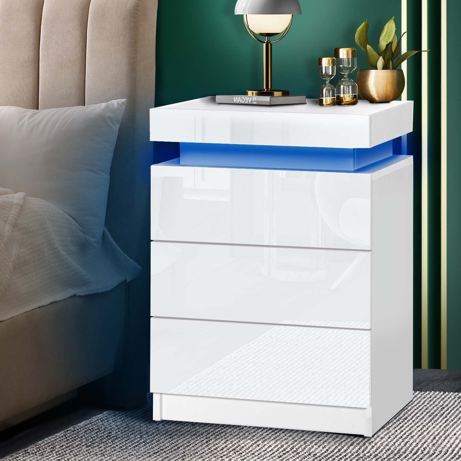 Oikiture Bedside Tables Side Table 3 Drawers RGB LED High Gloss Nightstand Cabinet - Sunyee