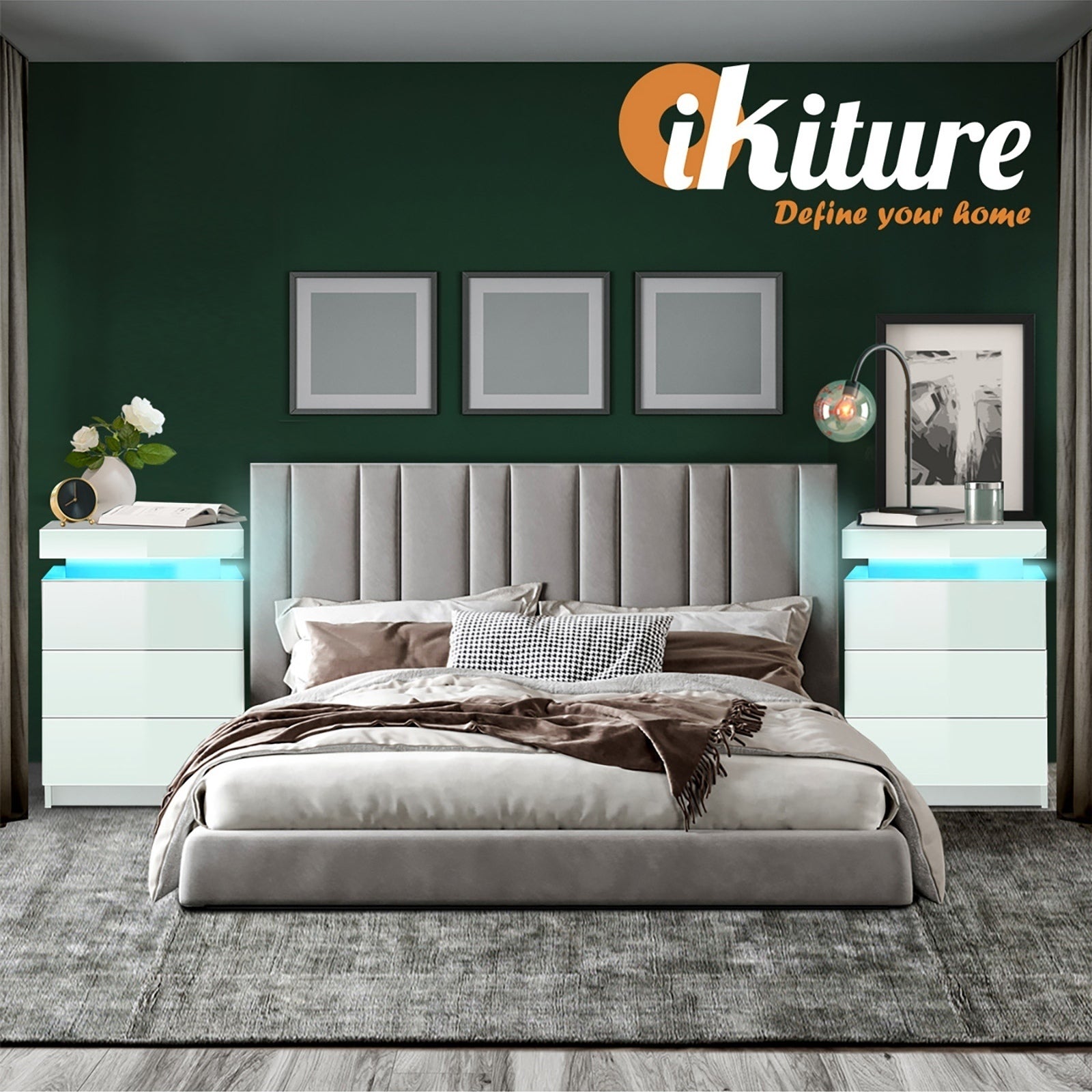 Oikiture Bedside Tables Set of 2 LED Nightstand Cabinet Side Table White - Sunyee