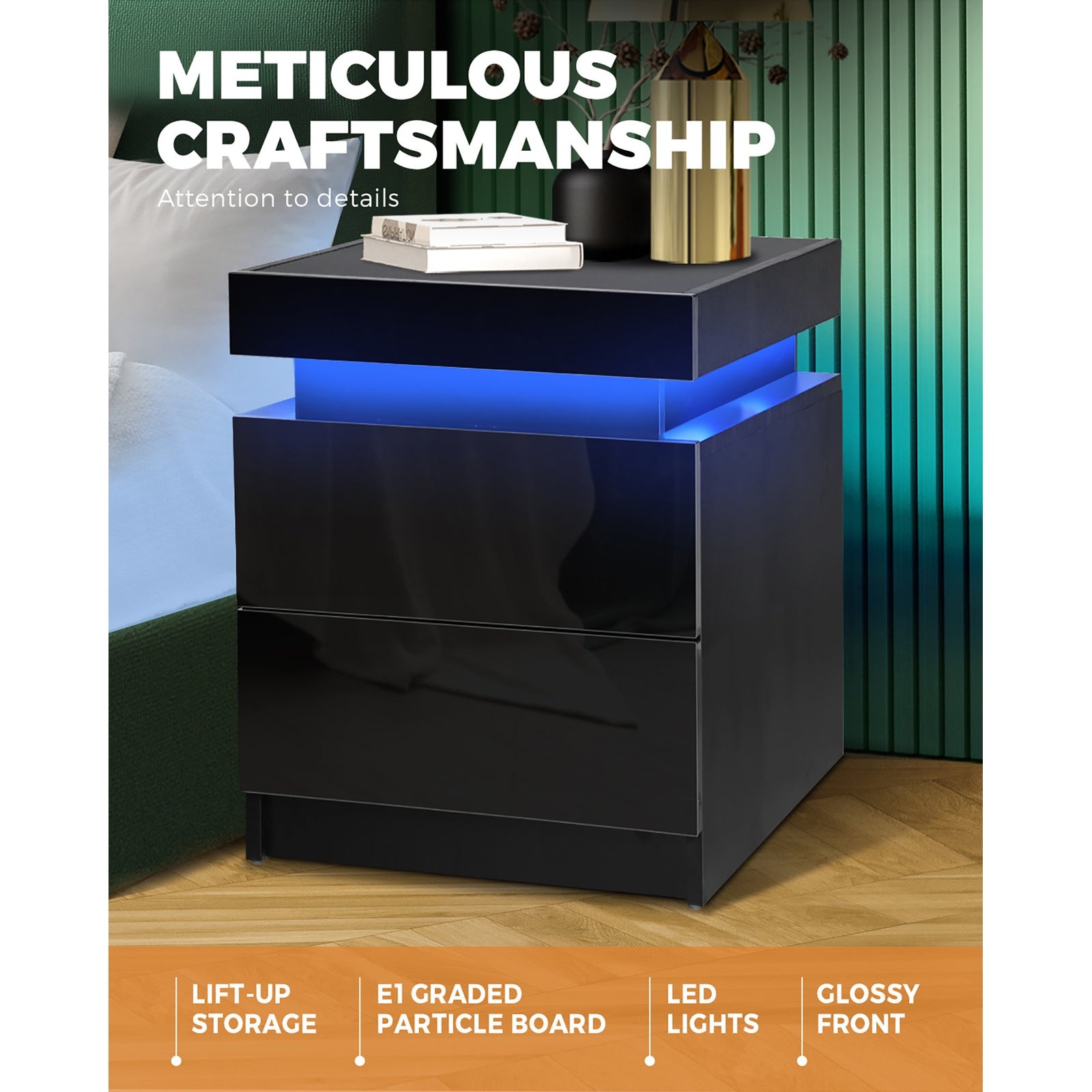 Oikiture Bedside Tables 2 Drawers Side Table RGB LED High Gloss Nightstand Cabinet - Sunyee