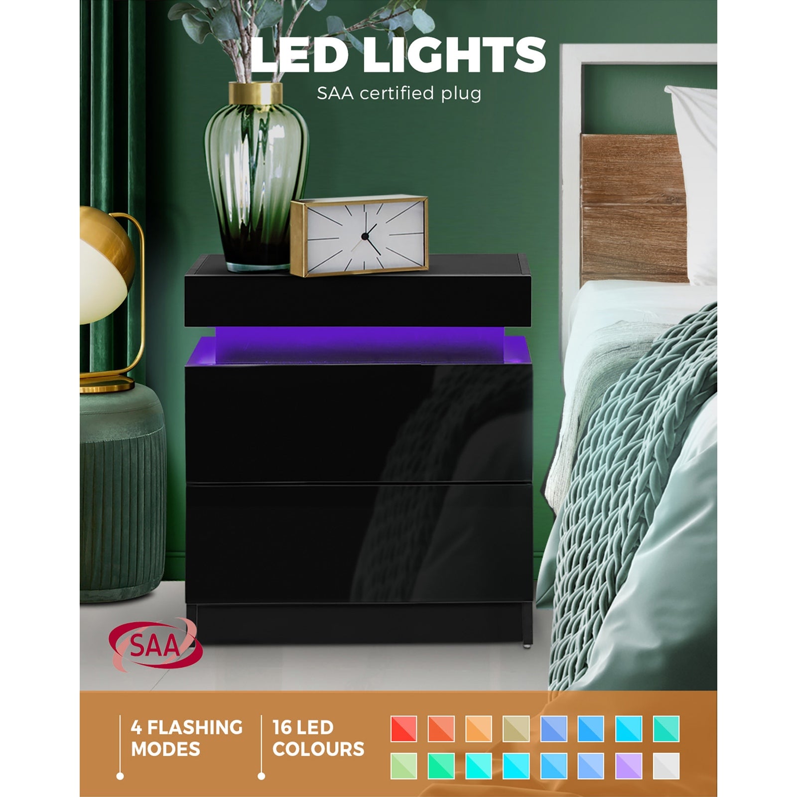 Oikiture Bedside Tables 2 Drawers Side Table RGB LED High Gloss Nightstand Cabinet - Sunyee