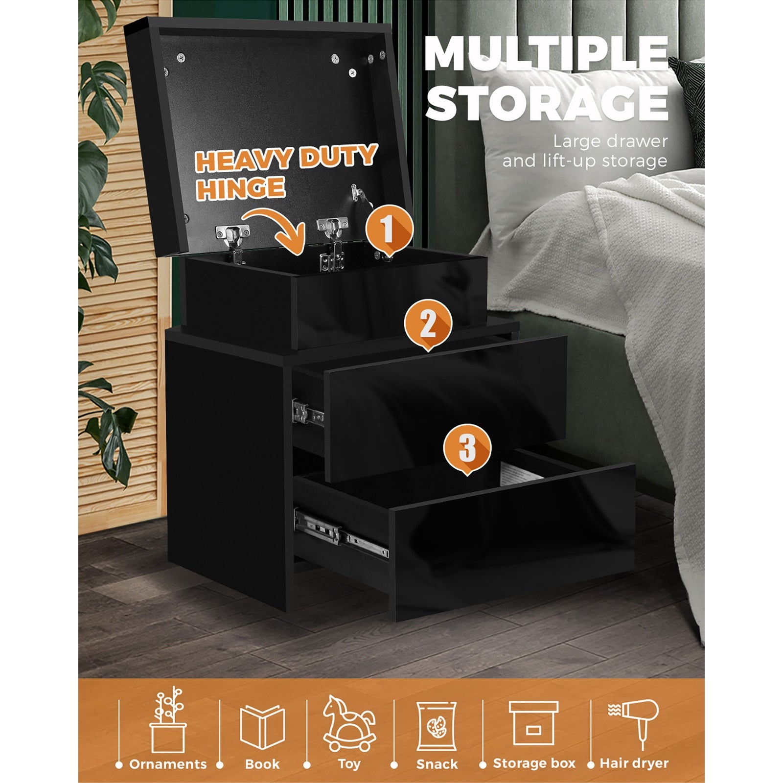 Oikiture Bedside Tables 2 Drawers Side Table RGB LED High Gloss Nightstand Cabinet - Sunyee