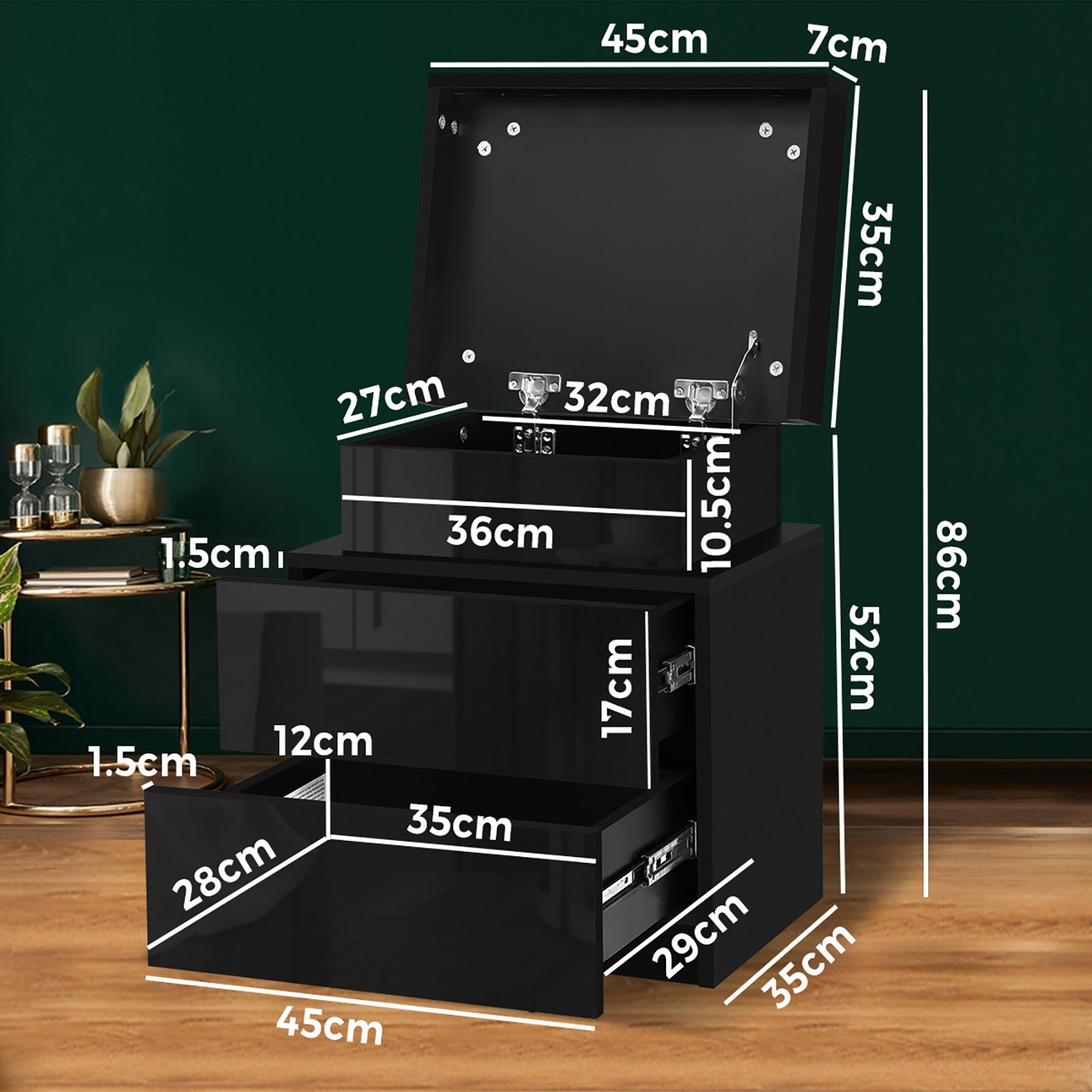 Oikiture Bedside Tables 2 Drawers Side Table RGB LED High Gloss Nightstand Cabinet - Sunyee