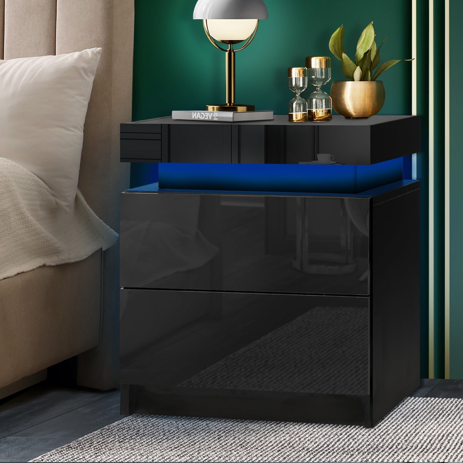 Oikiture Bedside Tables 2 Drawers Side Table RGB LED High Gloss Nightstand Cabinet - Sunyee