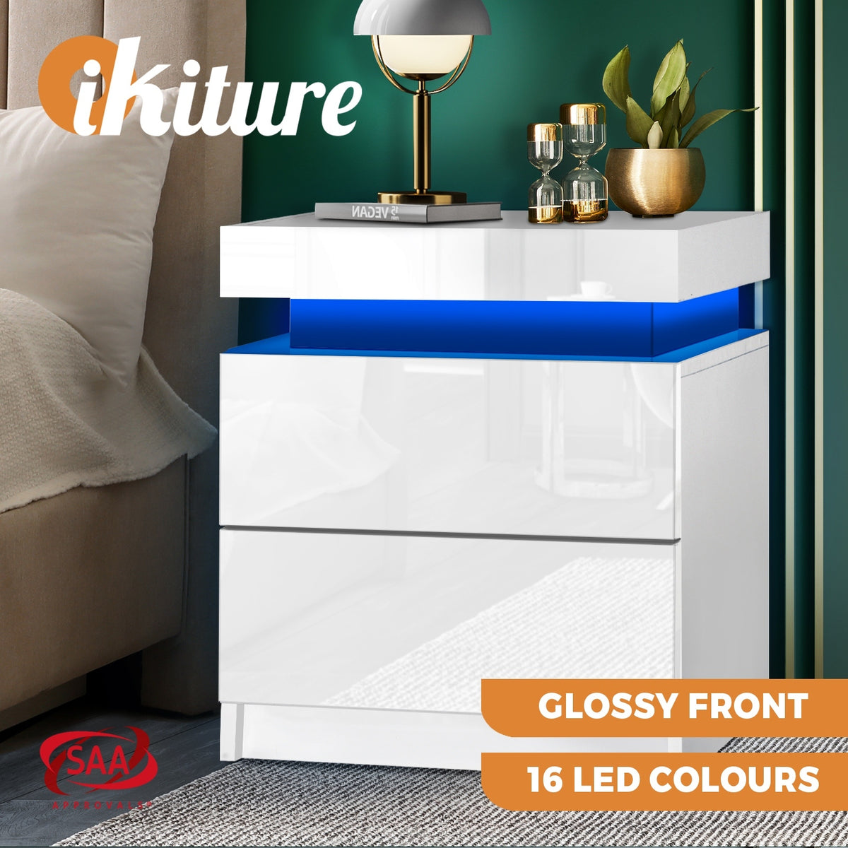 Oikiture Bedside Table RGB LED Nightstand Cabinet 2/3 Drawers Side Table - Sunyee