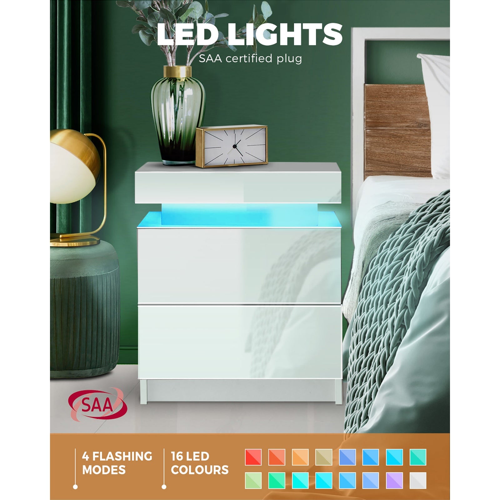 Oikiture Bedside Tables Side Table 2 Drawers RGB LED High Gloss Nightstand Cabinet - Sunyee