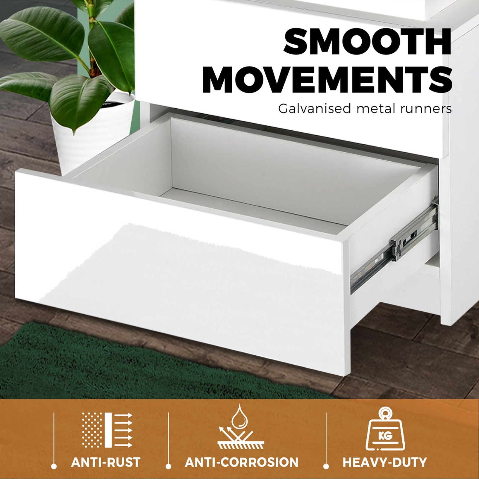 Oikiture Bedside Tables Side Table 2 Drawers RGB LED High Gloss Nightstand Cabinet - Sunyee