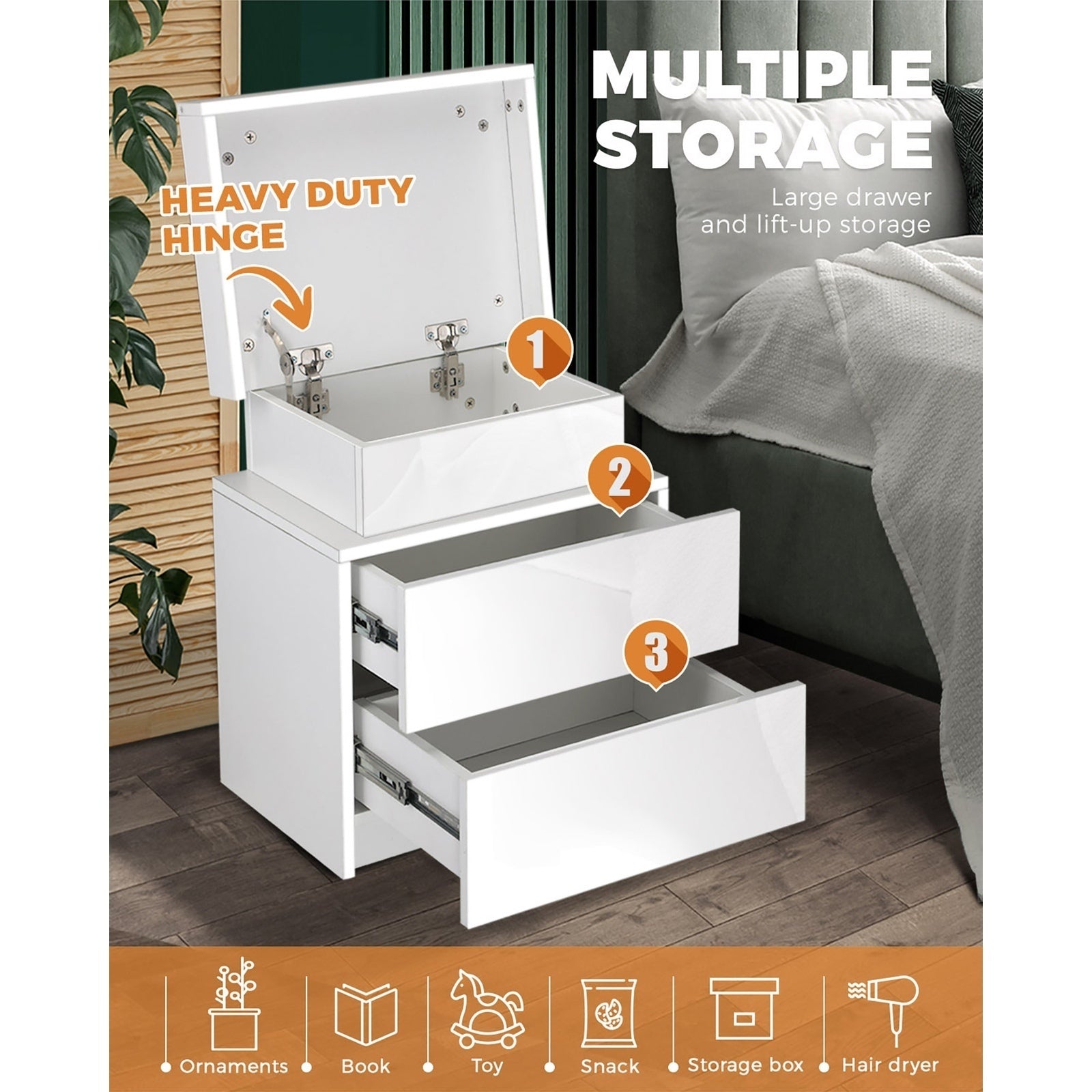 Oikiture Bedside Tables Set of 2 LED Nightstand Cabinet Drawers Side Table White - Sunyee