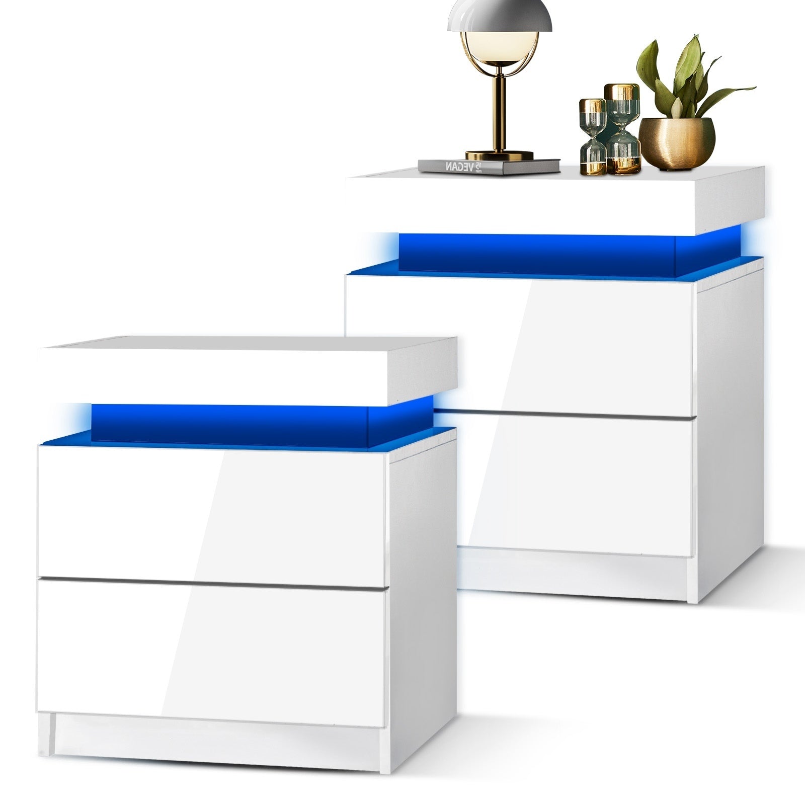 Oikiture Bedside Tables Set of 2 LED Nightstand Cabinet Drawers Side Table White - Sunyee