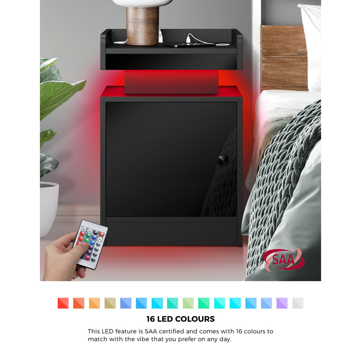 Oikiture Bedside Table LED Nightstand USB Charging Station Side Table Black - Sunyee