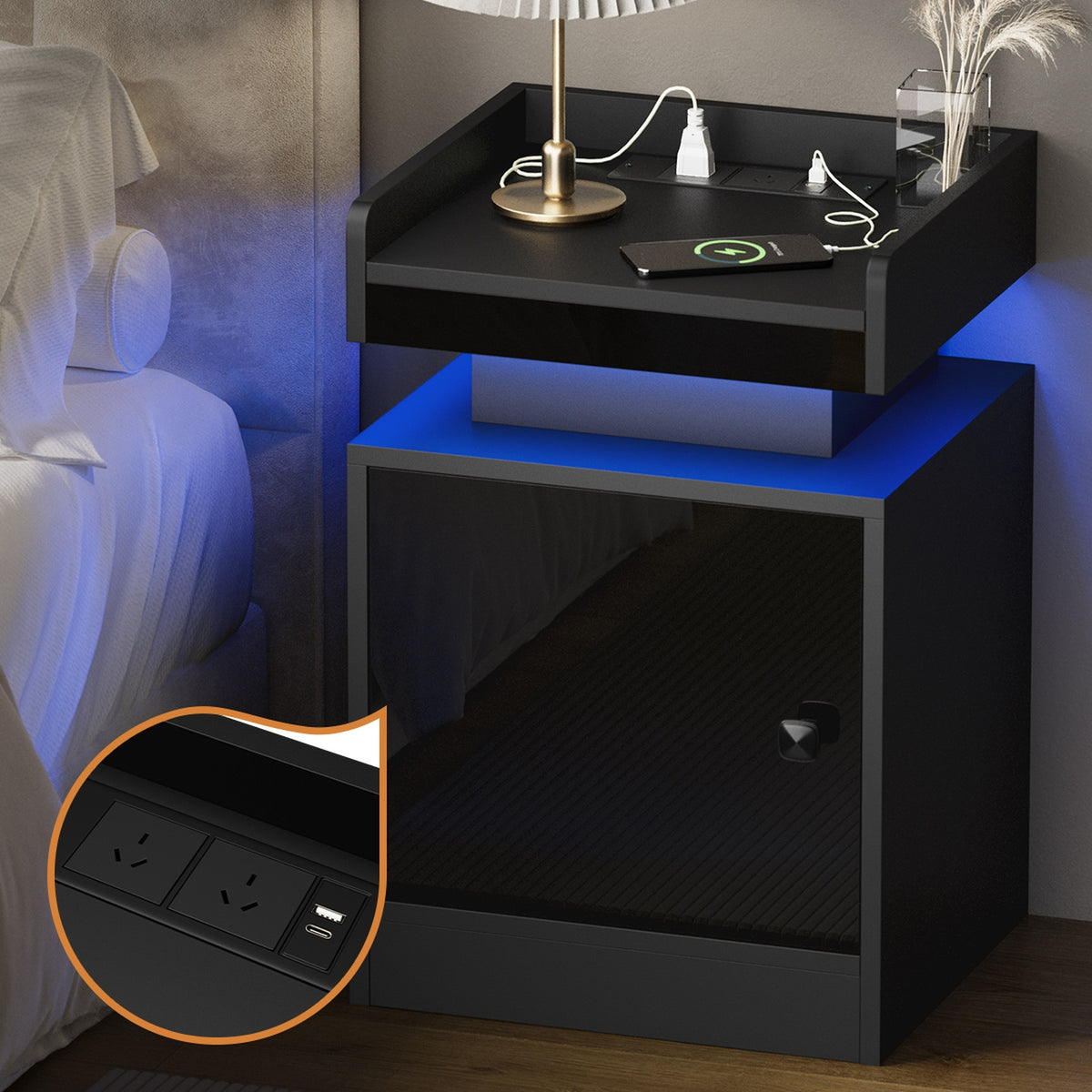 Oikiture Bedside Table LED Nightstand USB Charging Station Side Table Black - Sunyee