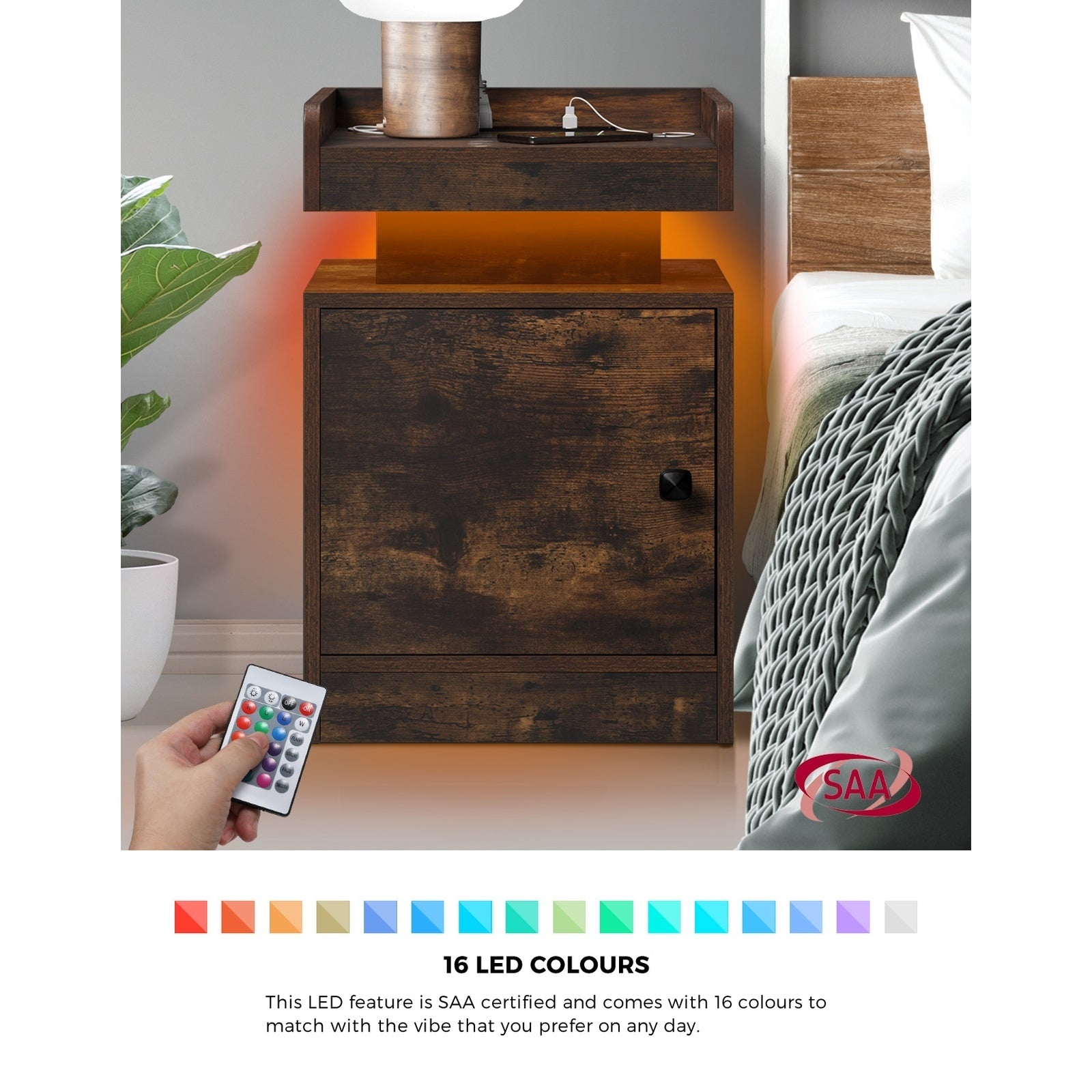 Oikiture Bedside Table LED Nightstand USB Charging Station Side Table Brown - Sunyee
