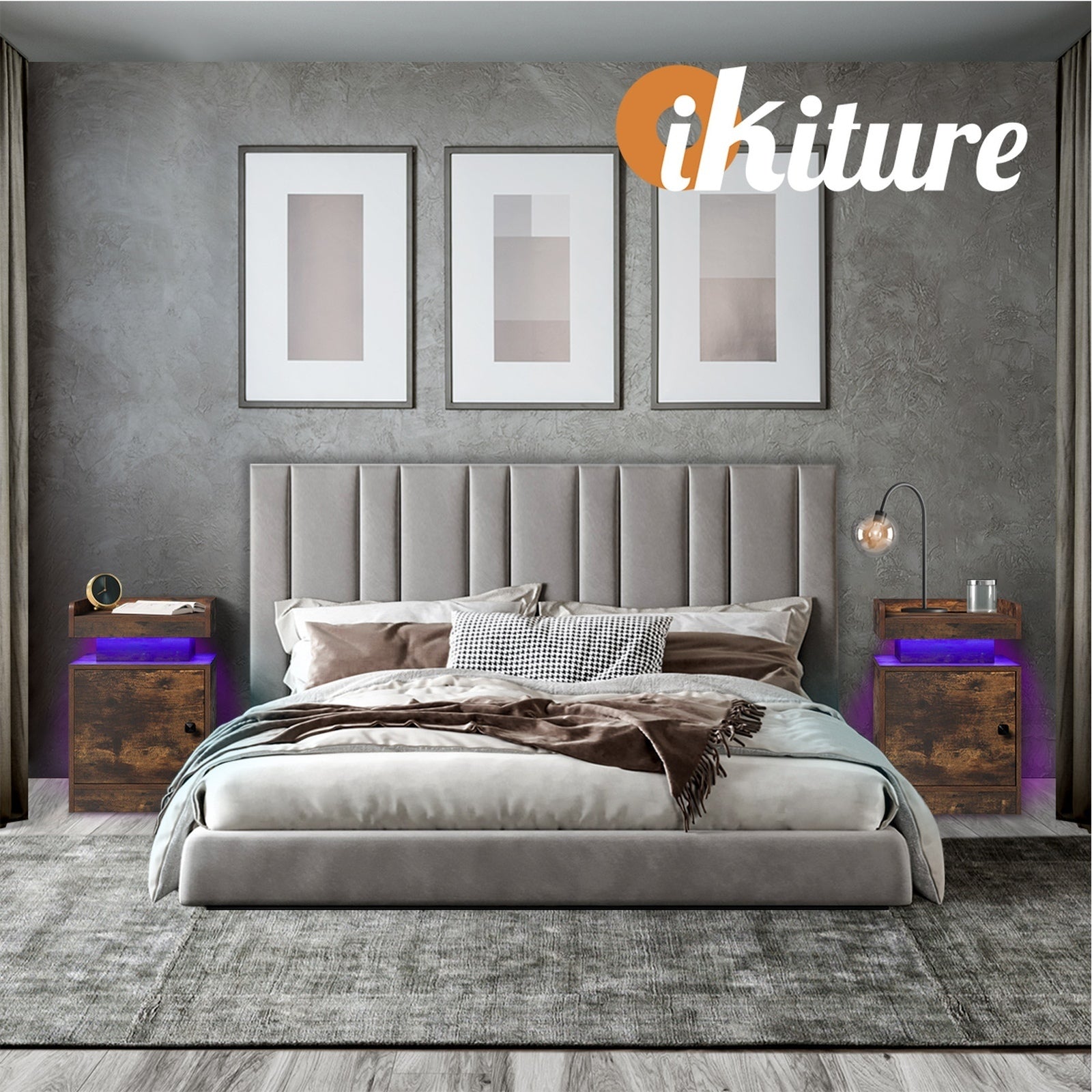 Oikiture Bedside Table LED Nightstand USB Charging Station Side Table Brown - Sunyee